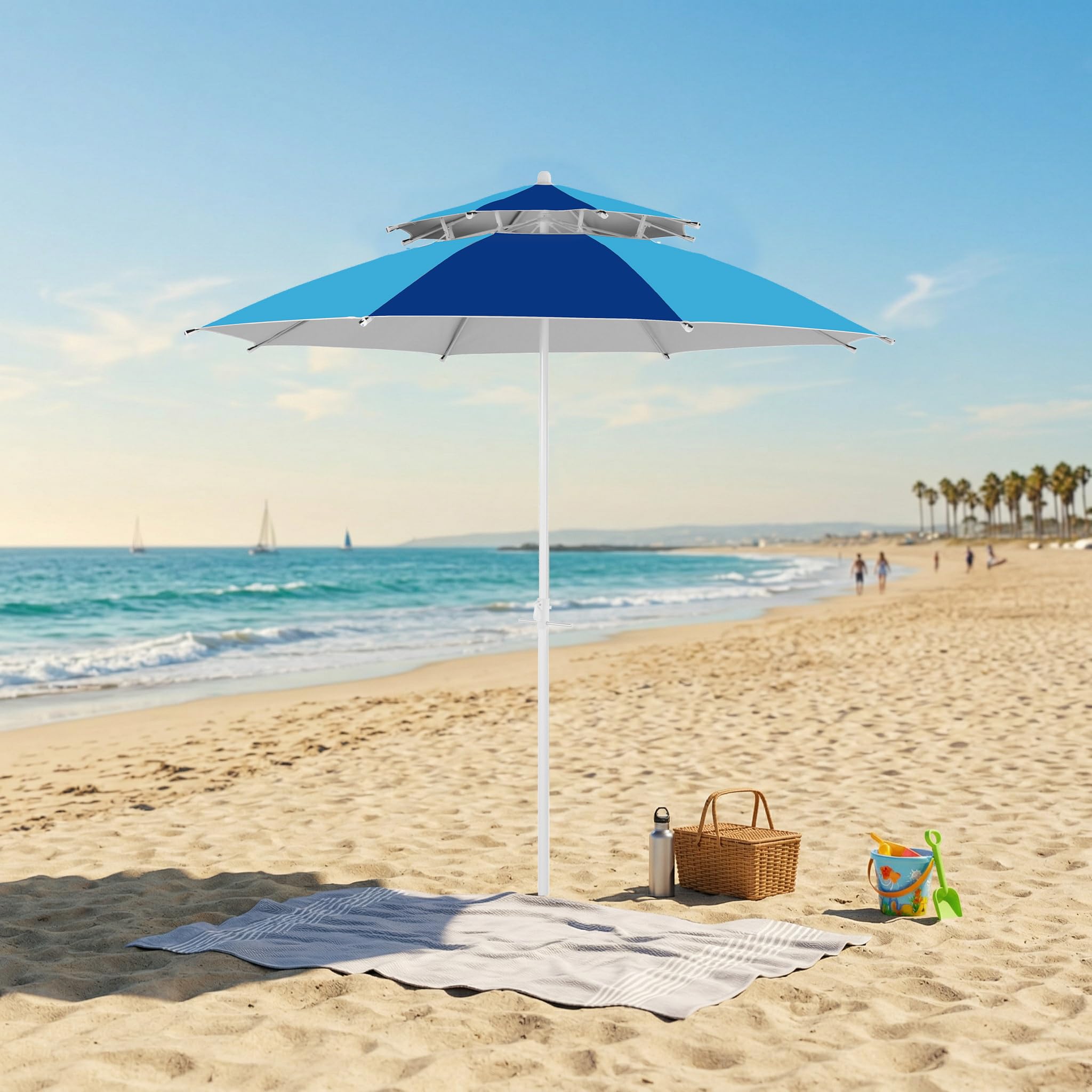 Ombrellone da Spiaggia Doppio Tetto, 240 cm, Blu Navy-Light Blue, Protezione UV50+, Alluminio