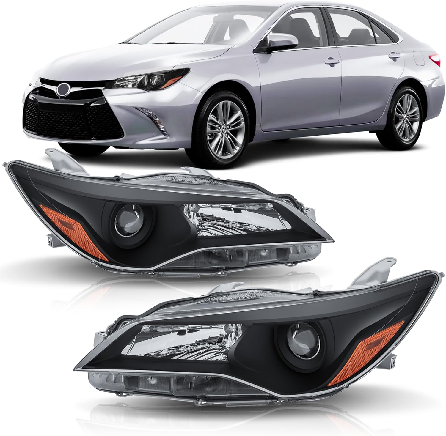 Black Headlights Assembly Compatible with 2015 2016 2017 Toyota Camry LE SE Halogen Headlamp with Amber Reflector, Left Right