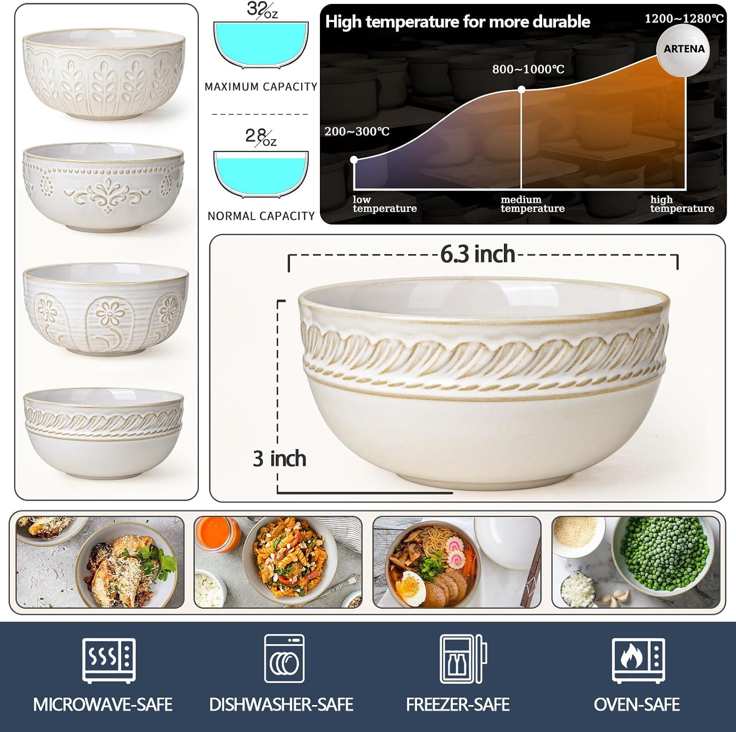 Artena Soup Bowls 32 OZ, Cereal Bowls Set of 4, White Embossment Ceramic Ramen Bowl for Salad, Dinner, Pho, Noodle, Pasta, Snacks, Dishwasher Microwave Safe, 6.3 Inch, Willow Leaf image 2