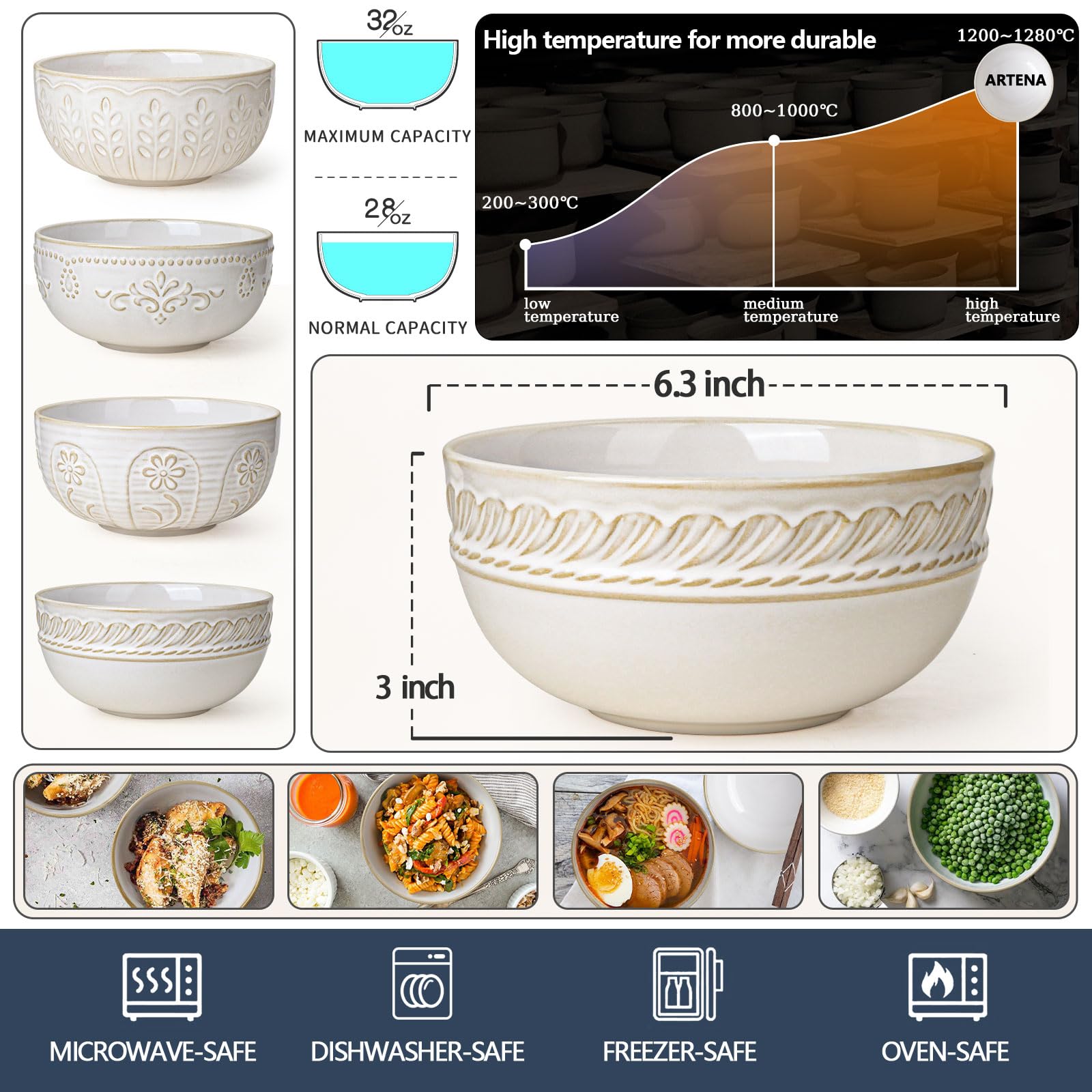 Artena Soup Bowls 32 OZ, Cereal Bowls Set of 4, Embossment Ceramic Ramen Bowls, 6.3 Inch White Salad Bowls, Large Dinner Bowls for Pho, Noodle, Pasta, Snacks, Dishwasher Microwave Safe, Willow Leaf