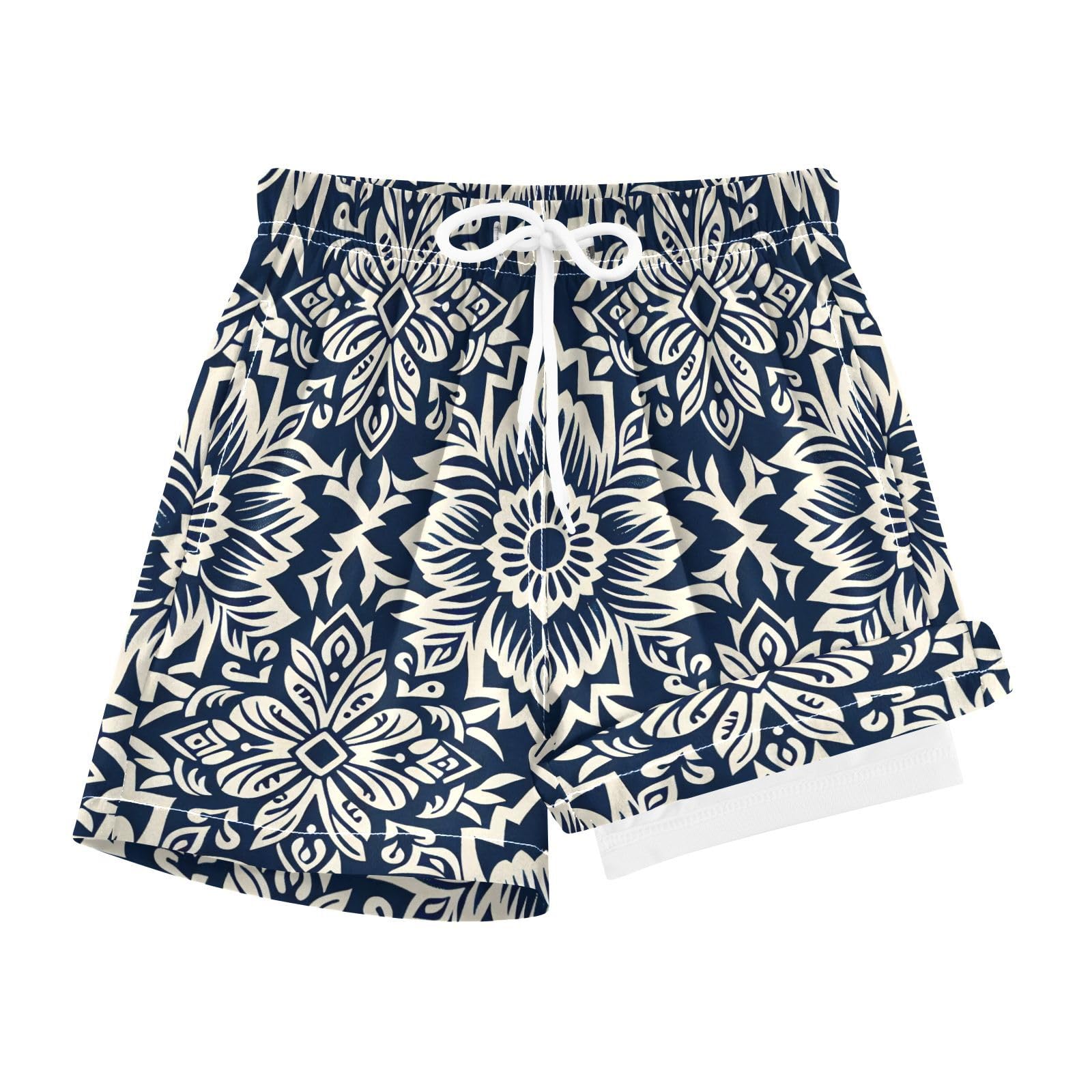 YANENDIE Boy Swim Trunks with Compression Liner Indigo and White Flower Boys Swim Shorts Quick Dry Beach Shorts