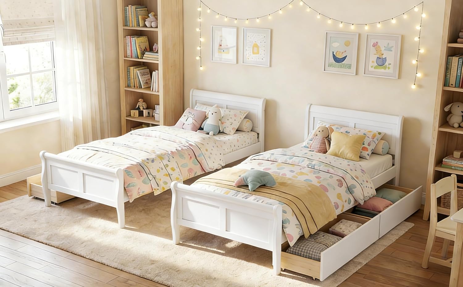 KOMFOTT 2 Twin Bed with 2 Drawers, Twin Storage Bed with Headboard for Bedroom, Sleigh Wood Bed Frame with Wooden Slats Support for Kids, Teens, Adults, No Box Spring Needed (White)
