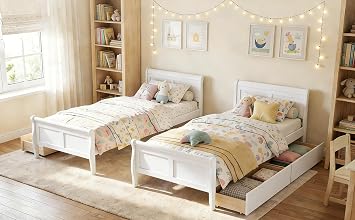 KOMFOTT 2 Twin Bed with 2 Drawers, Twin Storage Bed with Headboard for Bedroom, Sleigh Wood Bed Frame with Wooden Slats Support for Kids, Teens, Adults, No Box Spring Needed White