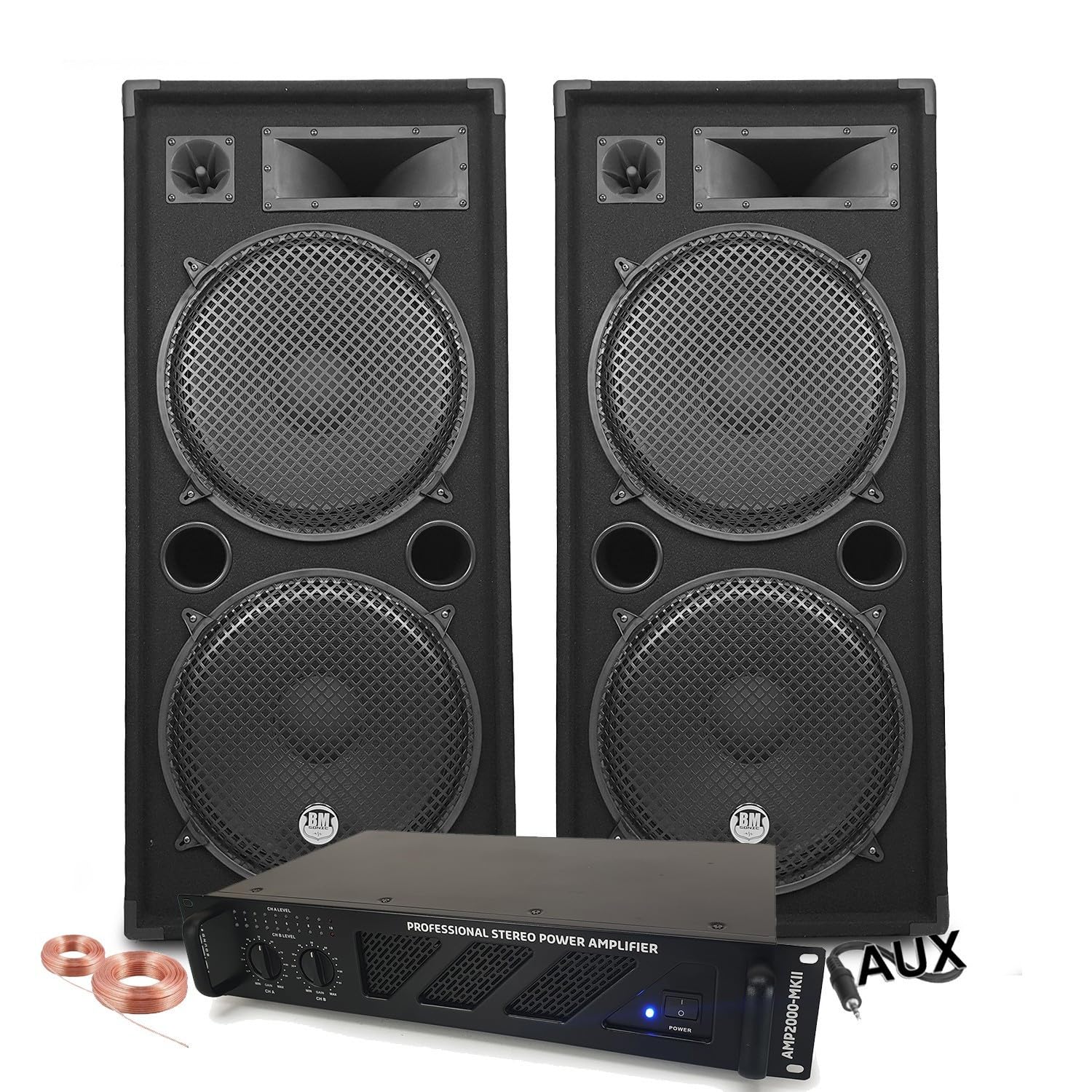Pack Sono Ibiza Sound 7000W Total 2 Enceintes Bm Sonic 2000W - Ampli ventilé 3000W - Câbles - Mariage, Salle des fêtes DJ Soirée