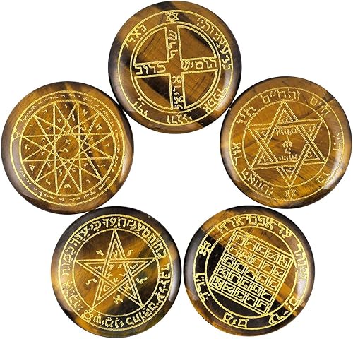 Rockcloud Juego de runas de brujas de cristal curativo, piedra de ojo de tigre con símbolo de Salomón, piedras de chakra, piedra de palma,