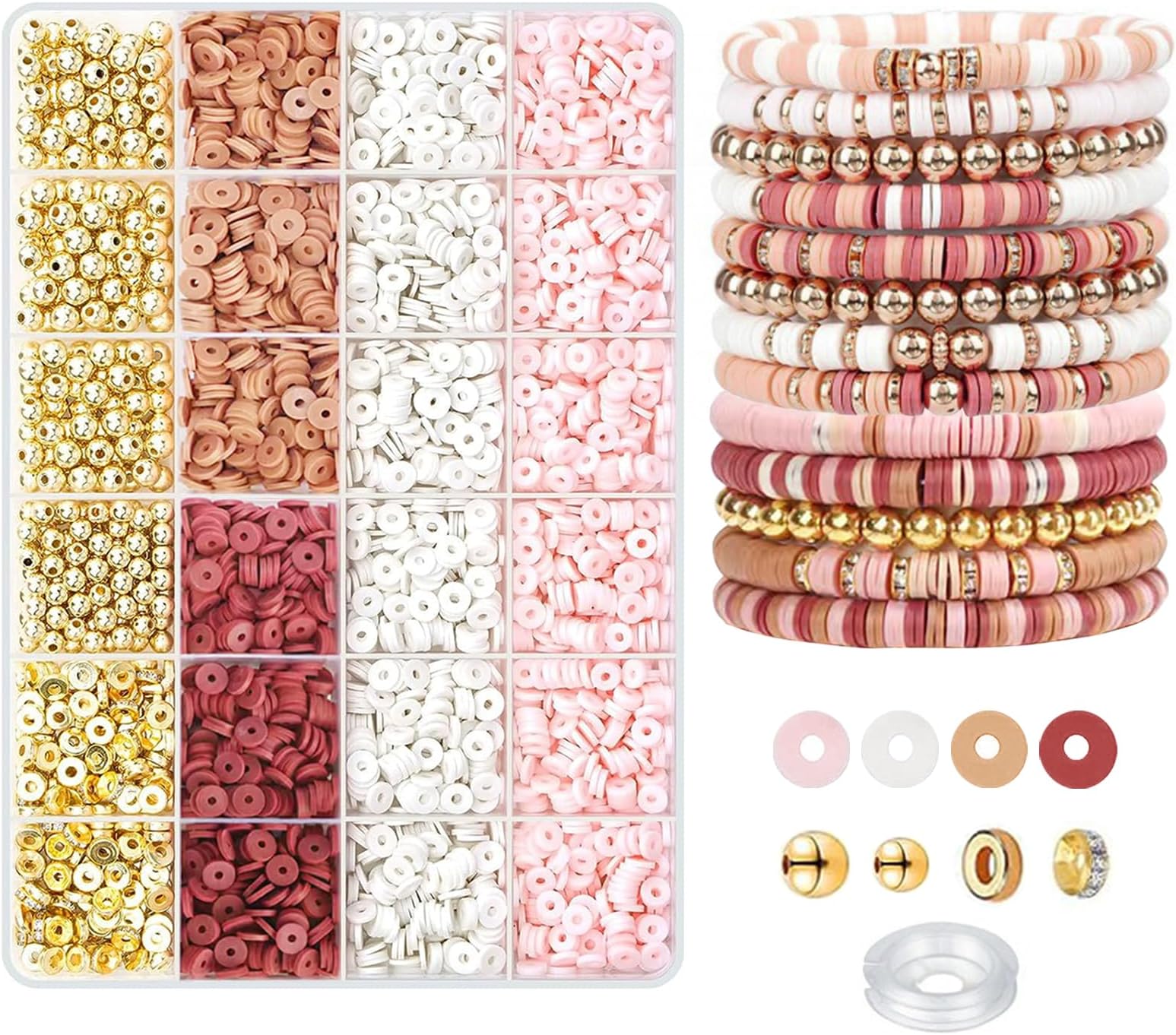 RASSLISA 3000 PCS Clay Beads for Bracelet Making Kit Neutral Colors Polymer Clay Beads for Jewelry Making Friendship Bracelet Kit DIY Crafts Set (Mocha White Gold)