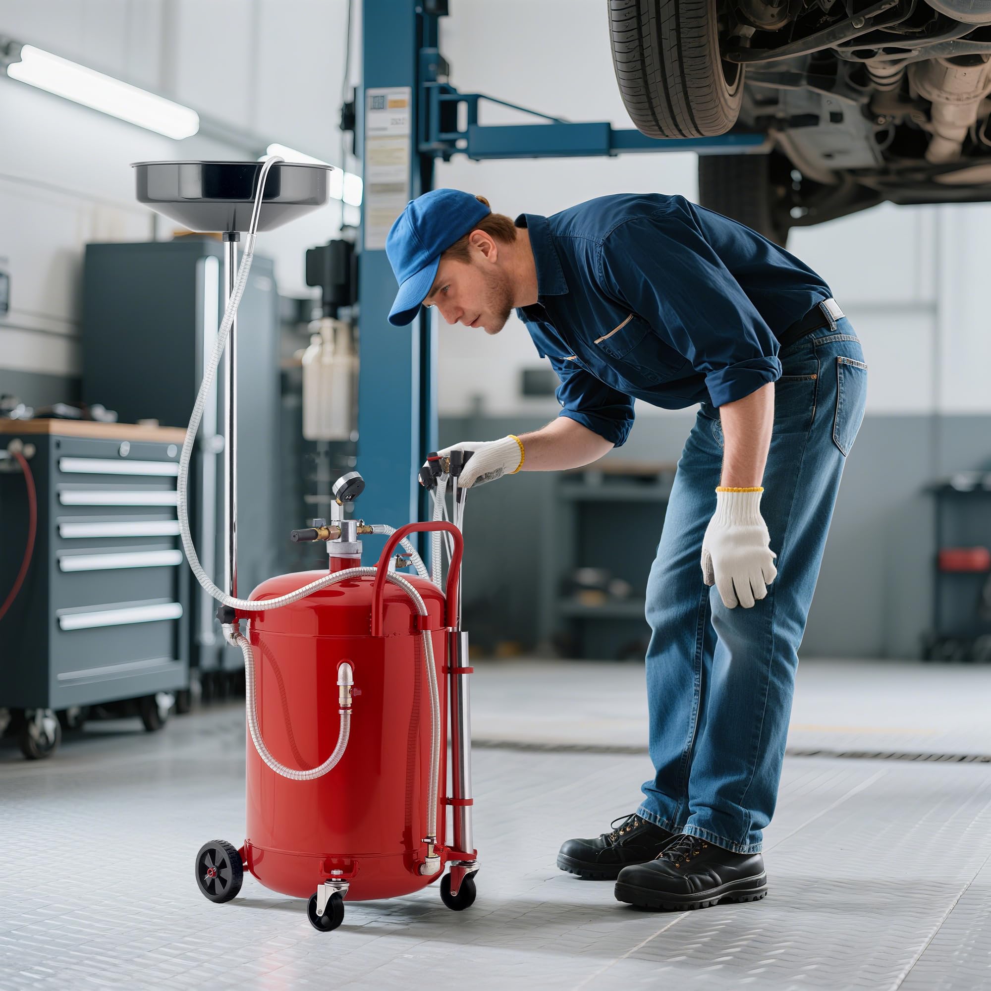 HOMCOM Récupérateur de Vidange d'Huile Usagée 80 L Hauteur 101-141 cm Rouge | Hauteur Réglable, Chariot Récupération Huiles Portable, avec Roues et Poignée
