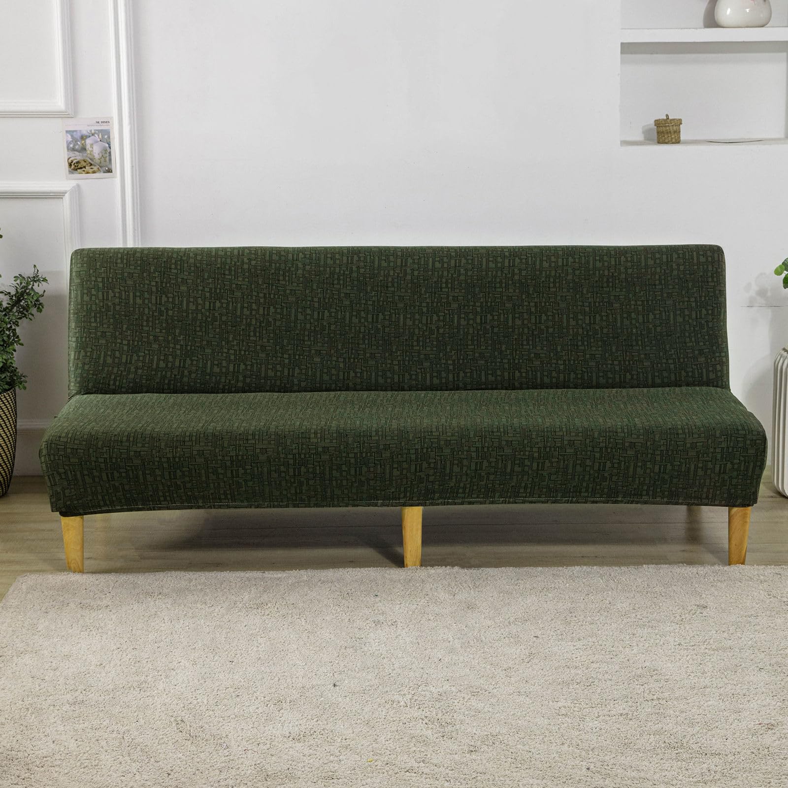 ZRCYXDW Folding Armless Sofa Cover, Printed Futon Cover High Stretch Futon Slipcover Soft Removable Armless for Living Room Bedroom-Green-Small