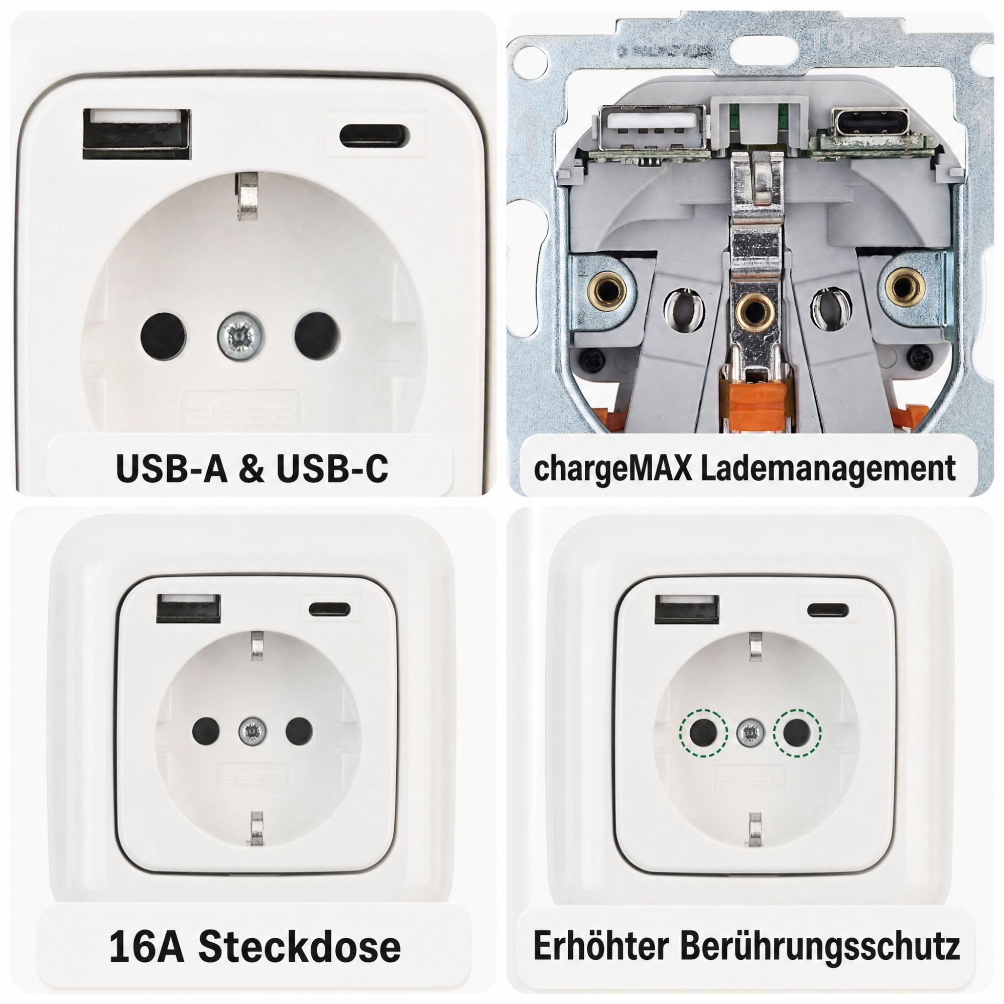 USB-Steckdose chargeMax unter Putz USB-A + USB-C mit Rahmen Ausführung 2USB, Tiefe nur 32mm, Set mit Abdeckung Busch Jaeger Reflex Si alpinweiß glänzend