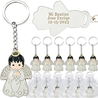 12 PCS Personalized Angel Keychain Favors for Baptism First Communion | Engraved Custom Text, Organza Bag Included, Bulk Party Favors, Praying Angel Design, Religious Keepsake