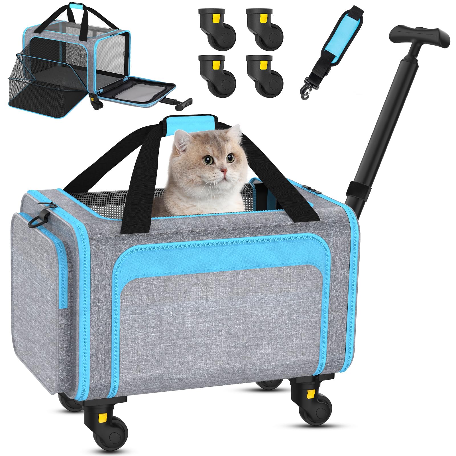 Rolling Pet Carrier with Detachable Wheels - 18x11x11 TSA Airline Approved for Southwest Delta United American, Soft Sided Expandable Travel Bag for Small Dogs & Cats up to 15Lbs, Fits Under Seat