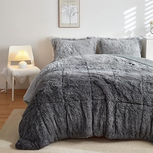 Wajade Juego de edredón de felpa de color gris degradado 3 piezas tamaño matrimonial  Queen juego de ropa de cama de piel sintética ultra suave y