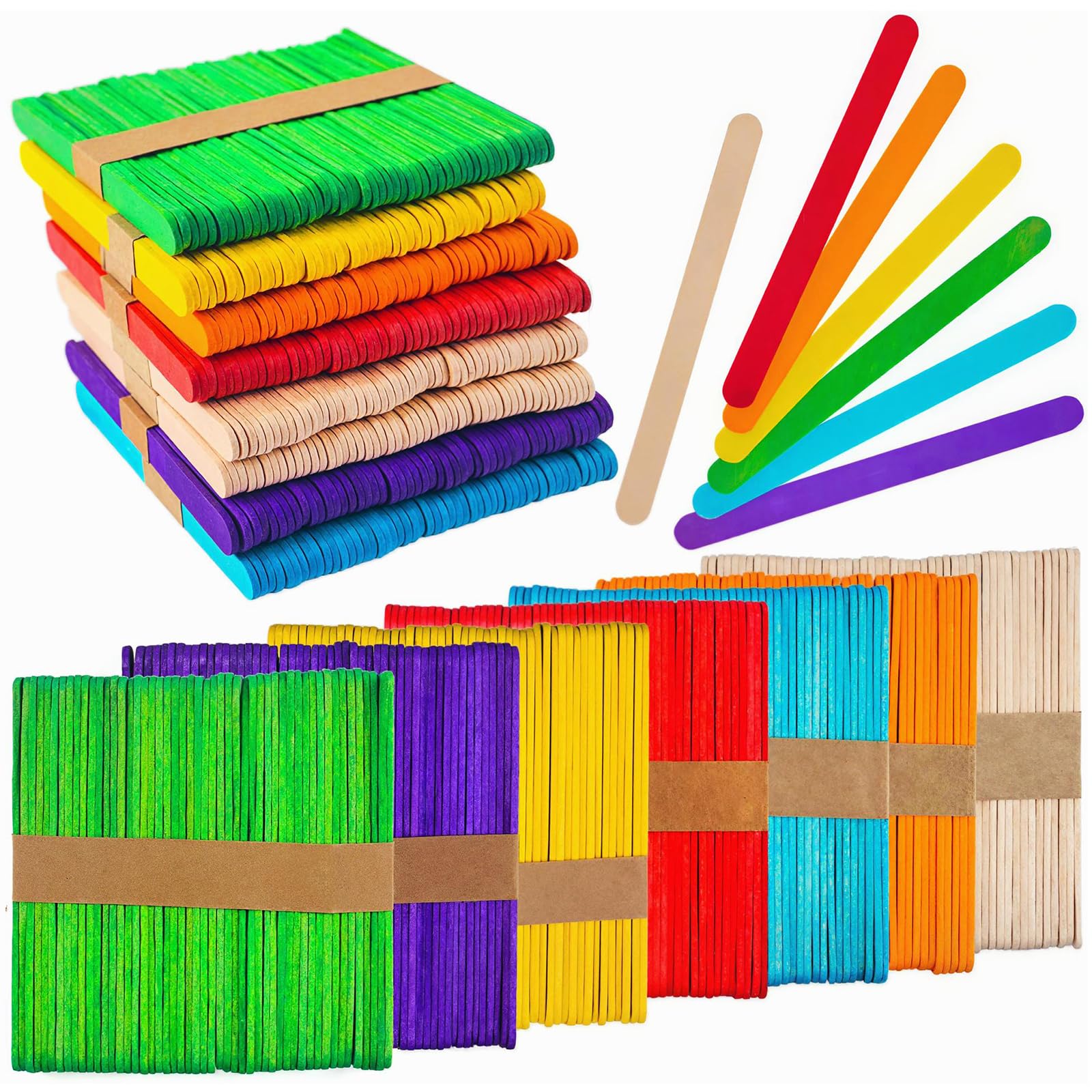 VGOODALL 400PCS Coloured Lollipop Sticks, 7 Bright Colour Natural Jumbo Lolly Sticks for DIY Craft Classrooms Project