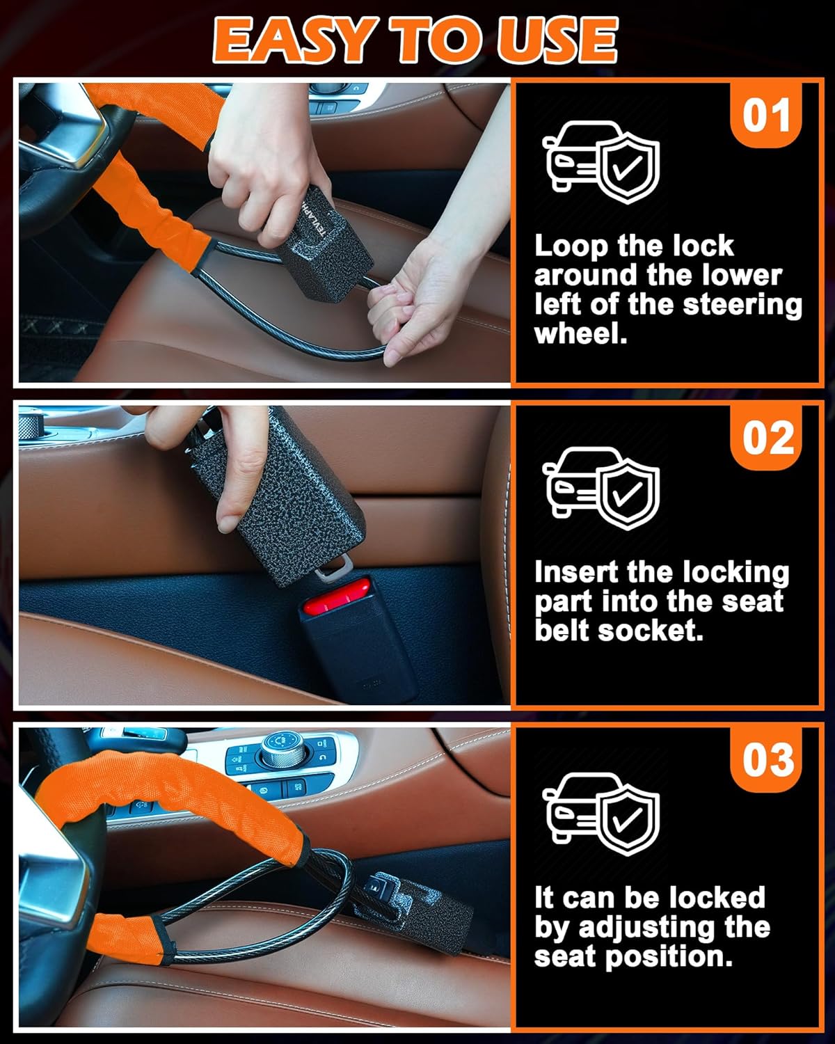 Tevlaphee Steering Wheel Lock Seat Belt Lock Universal Anti Theft Car Device Car Lock Car Theft Prevention with 3 Keys for Car Security Fit Most Vehicles Truck SUV Van (Orange)