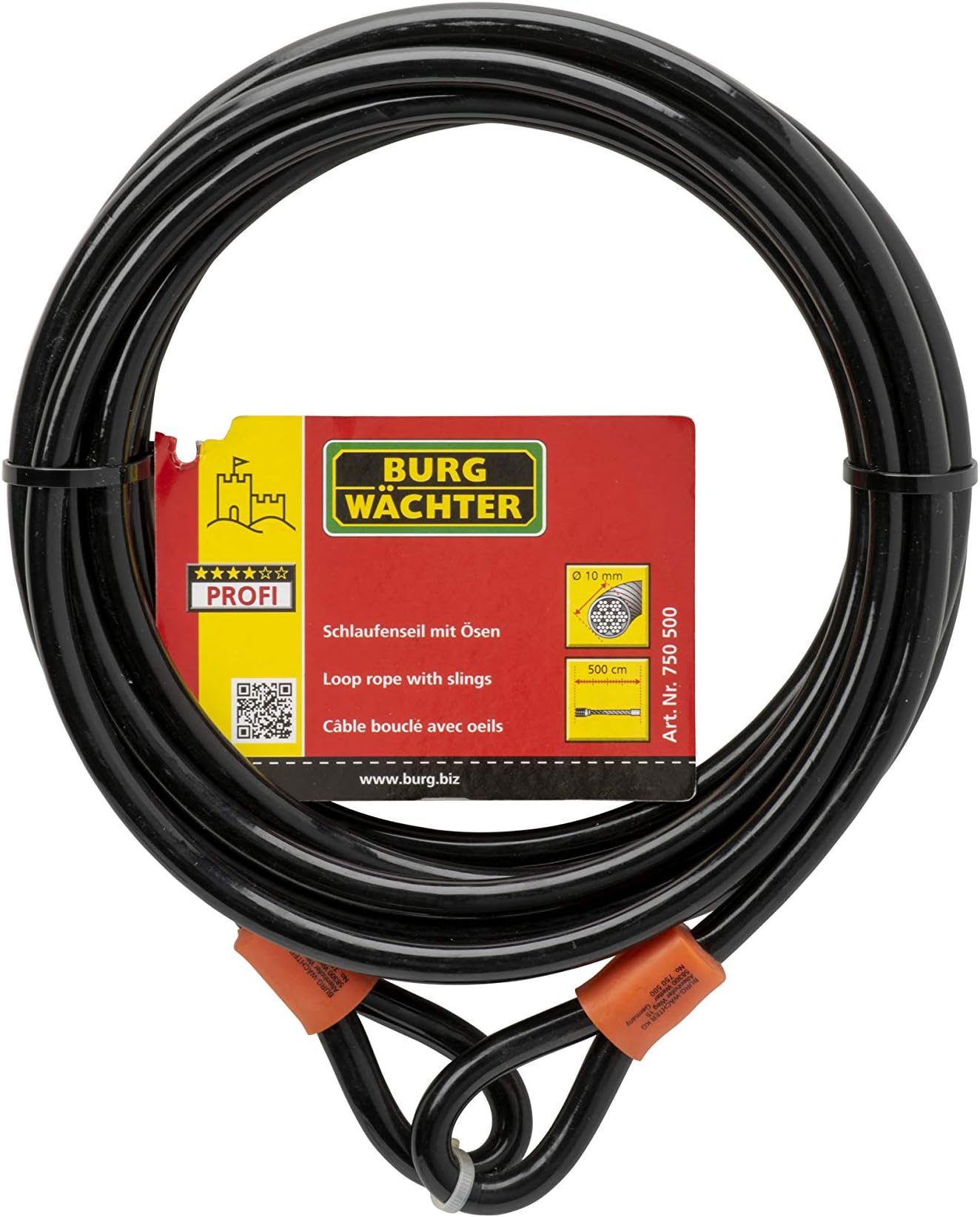 BURG-WÄCHTER Security Cable, with Two Loops, Extra Long: 500 cm, 750 500