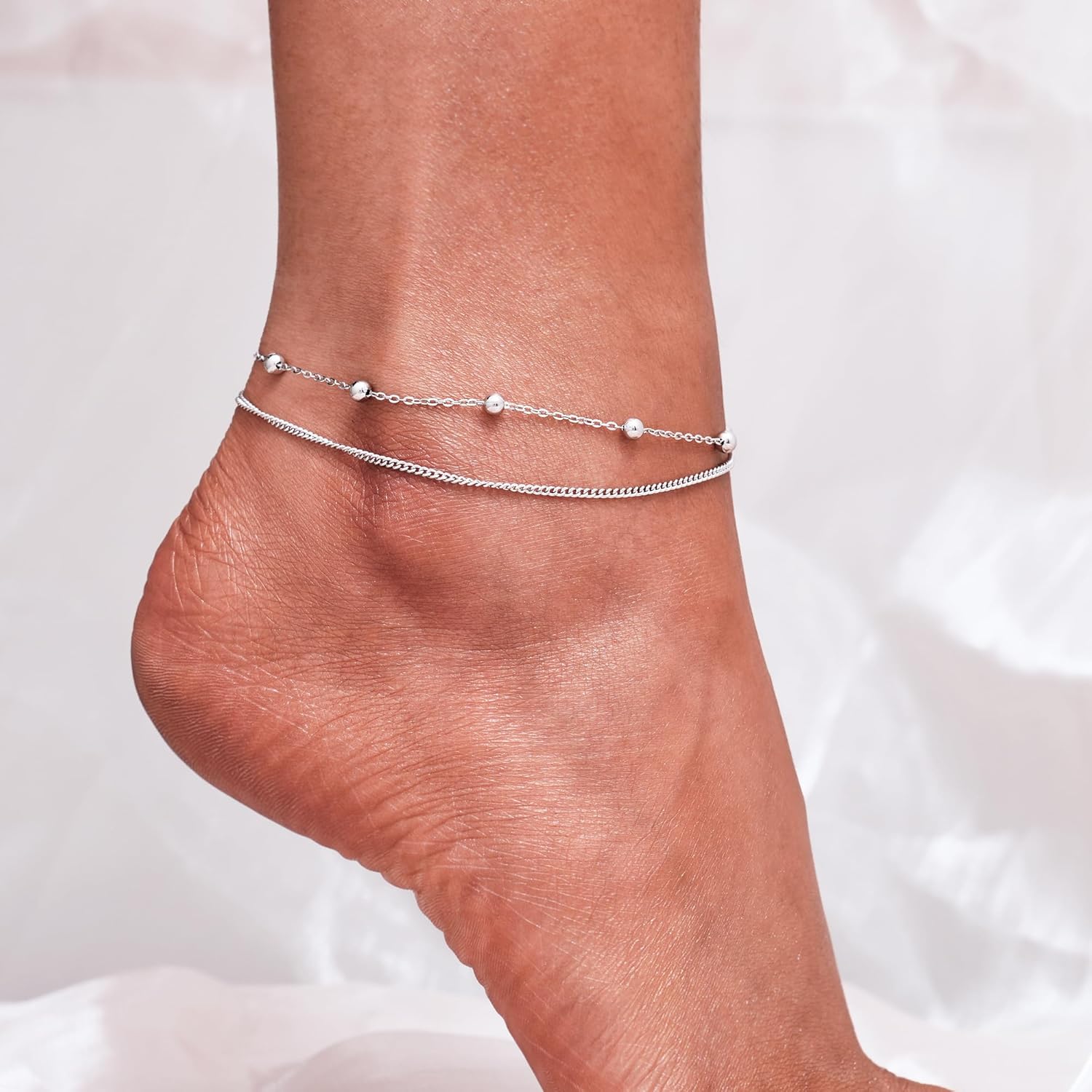 CHIC & ARTSY 925 Sterling Silver Ankle Bracelets for Women, Adjustable Double Layer Chain Anklets, Minimalist Lightweight Foot Jewelry for Beach & Everyday Wear