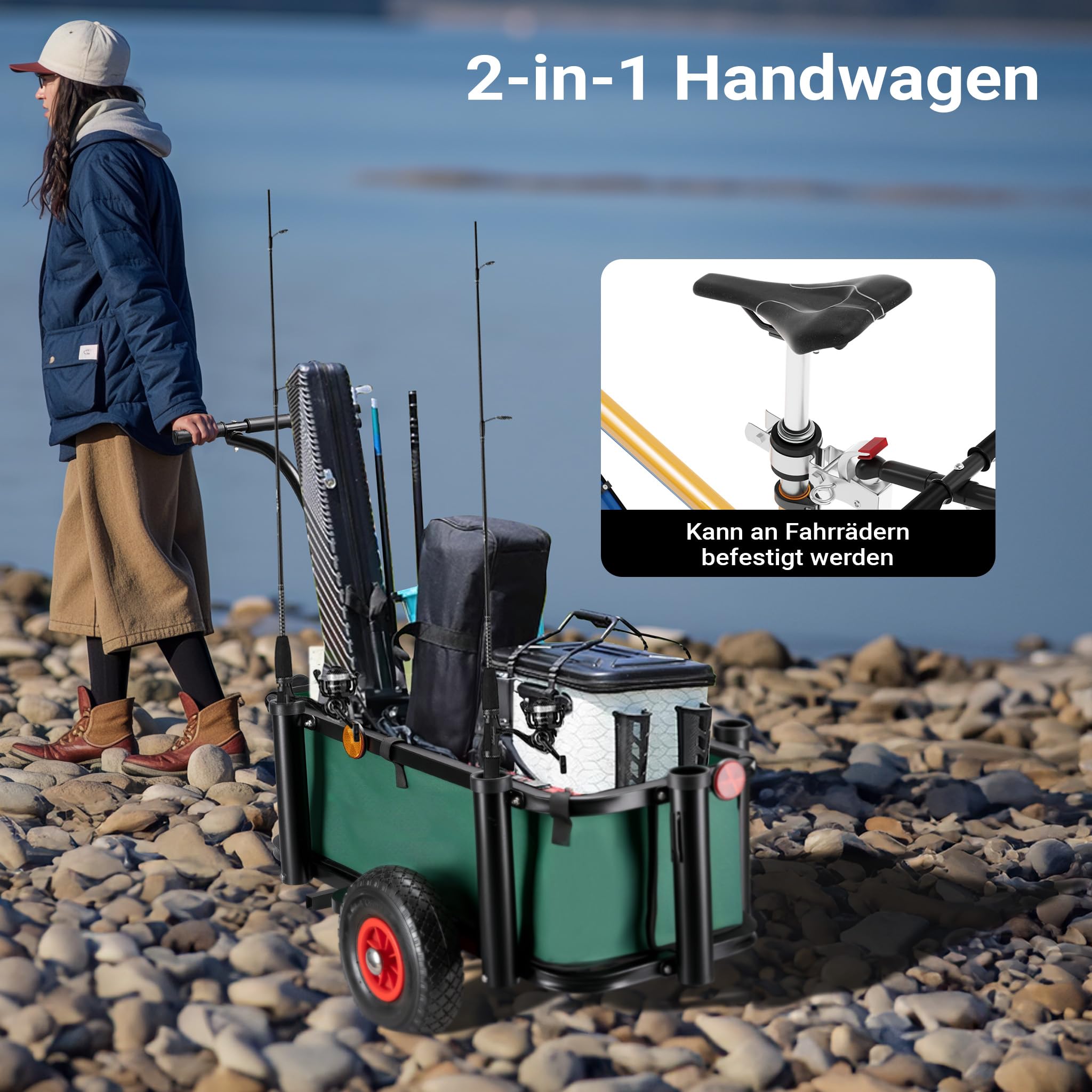 Wiltec Angelwagen mit Tasche, Angel Trolley bis 50 kg, Transportkarre mit 60 l Volumen, Bollerwagen mit Luftreifen, Transportwagen aus Stahl, auch als Lastenanhänger fürs Fahrrad