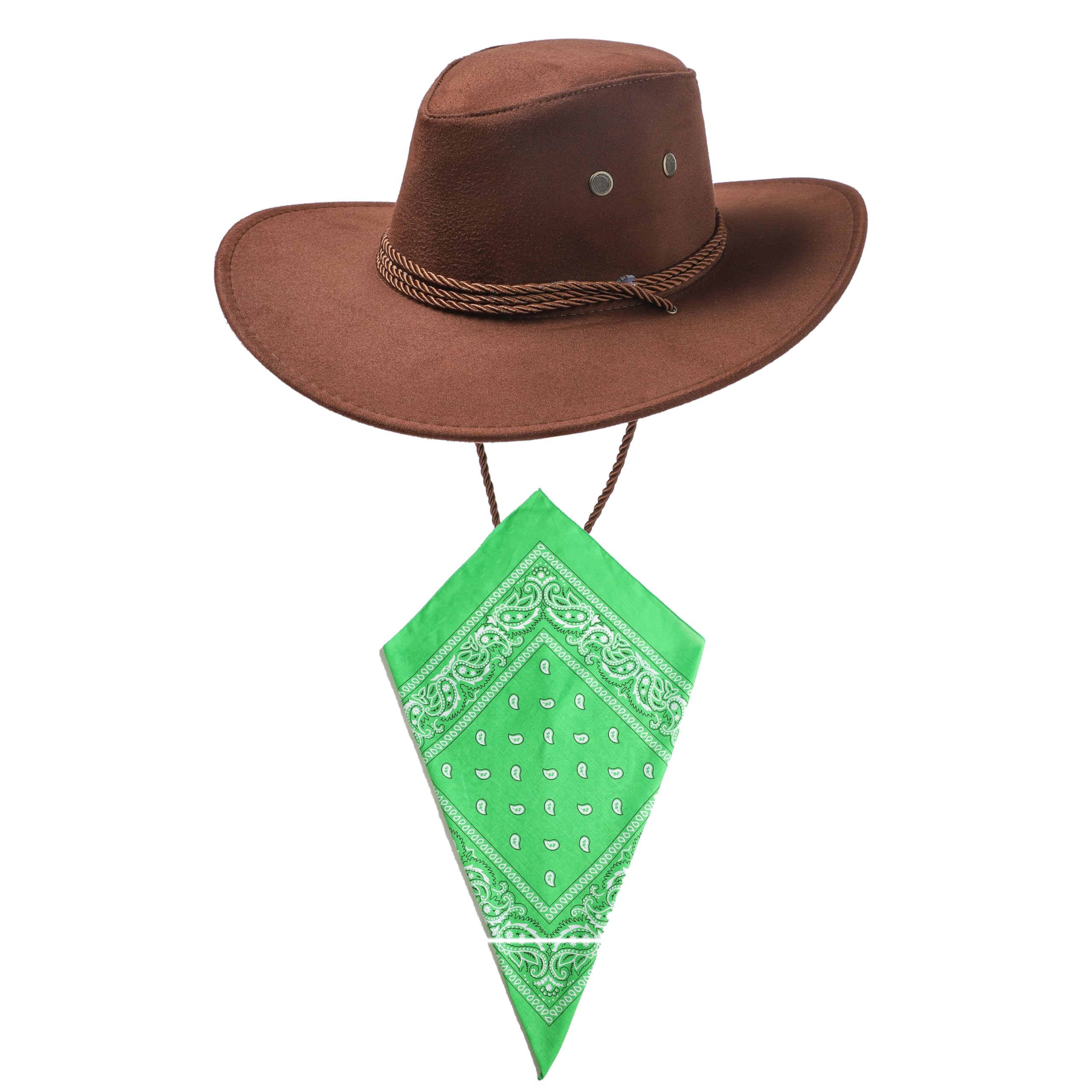 Dark Brown Cowboy Hat and Green Bandana Western Sun Cap Faux Felt Leather Suede Fancy Dress Party Costume Outfit Neckscarf Sun Protection Mens Womens โ image 1