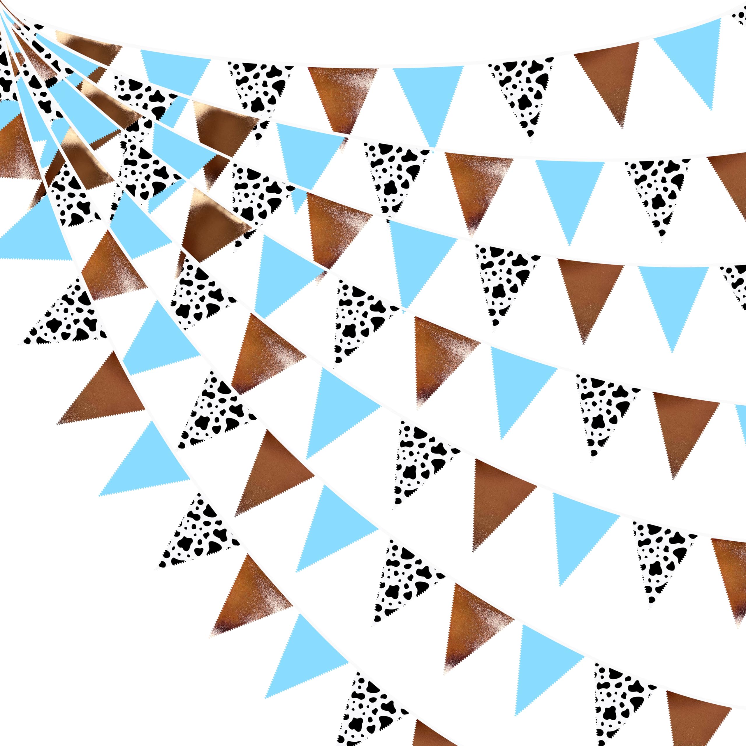 32Ft Cow Party Decorations Blue Brown Western Cowboys Triangle Flag Fabric Banner Pennant Garland Streamer for Western Rodeo Birthday Country Farm Cow Wild West Bandana Party Decor Supplies