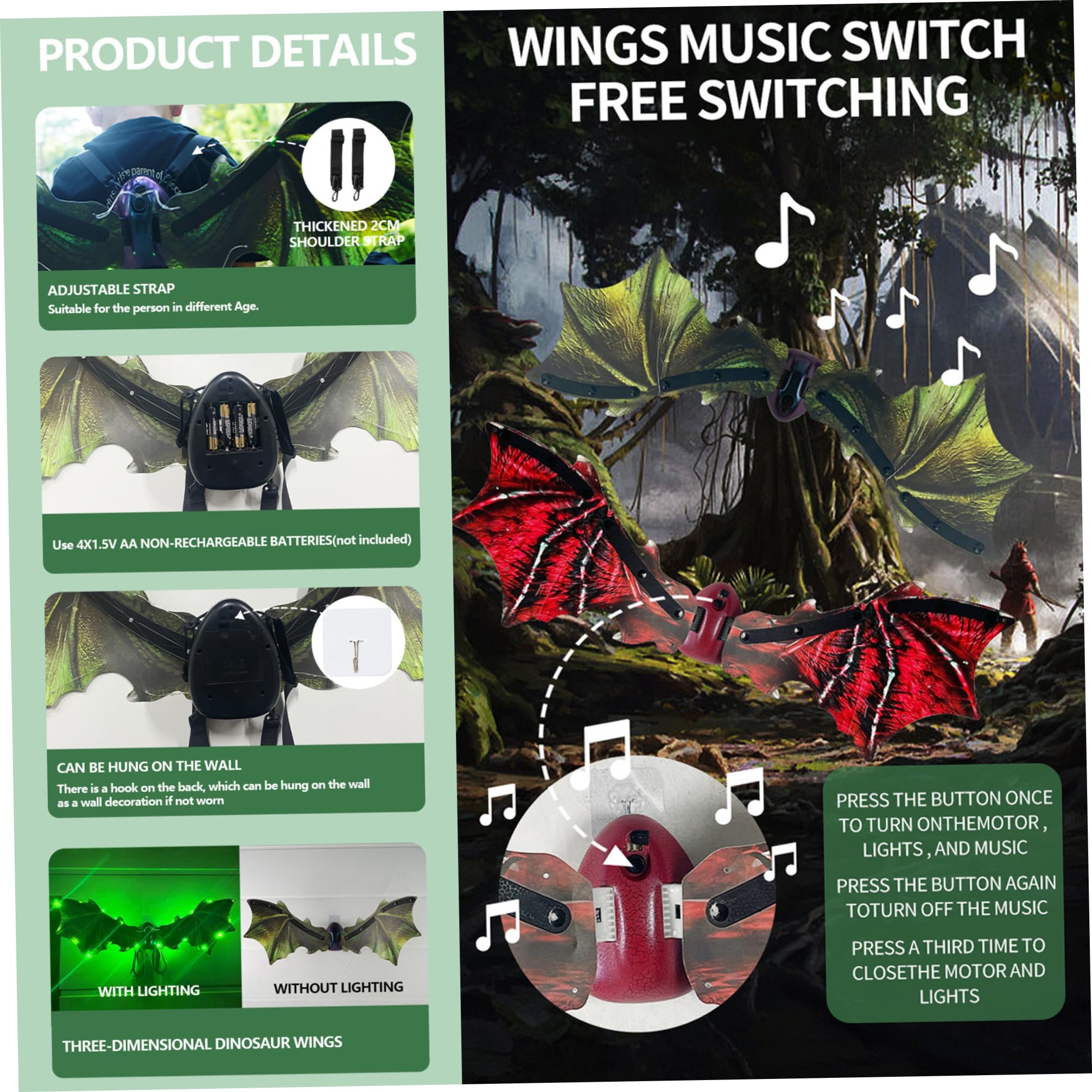 Decorazioni di Halloween, Ala di Drago per Bambini Costume Realistico da Drago Verde con Ala Luce e Movimento Alimentato a Batteria Costumi da Vestire per Halloween, Palcoscenico, Feste