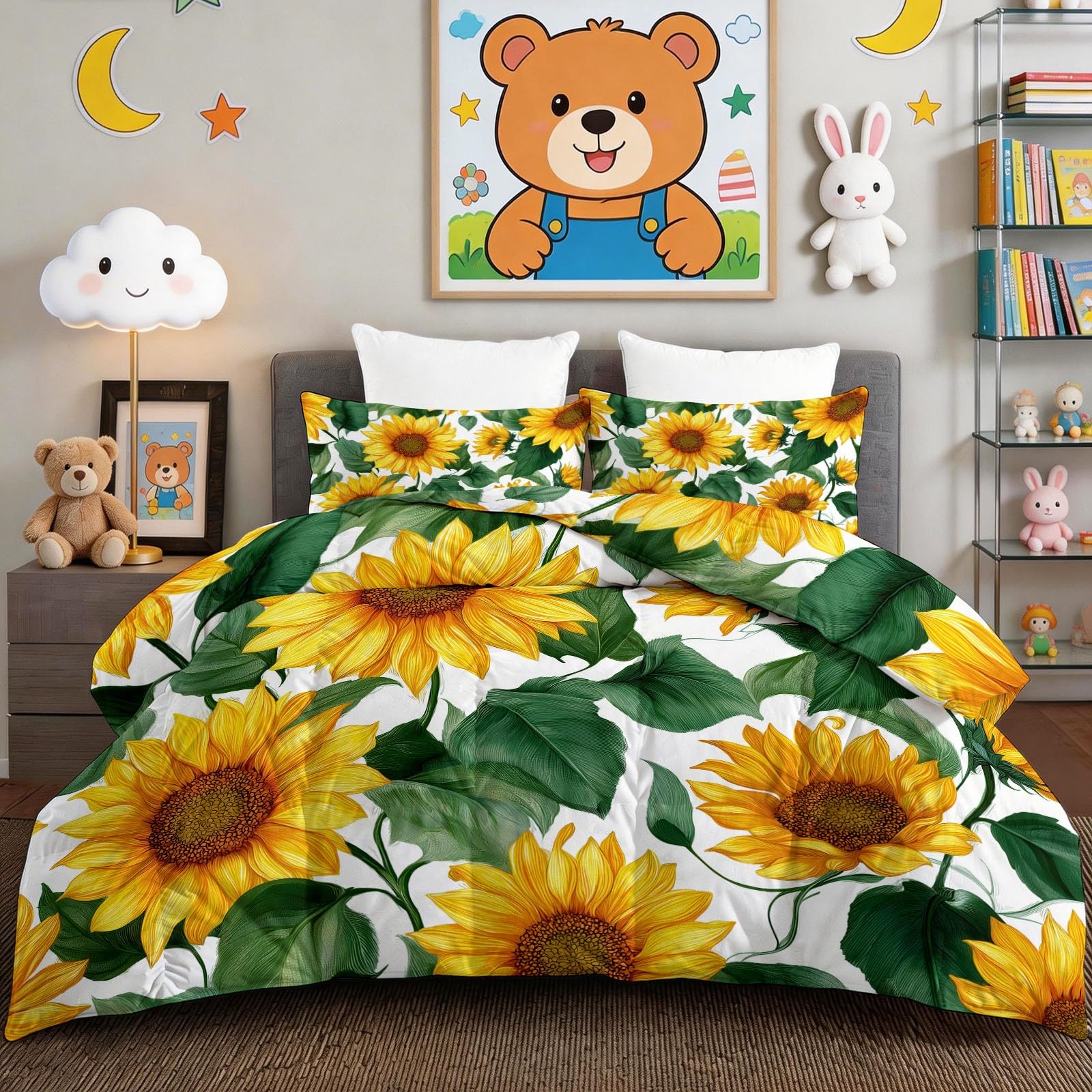 Générique Piumino morbido e caldo, bianco, 220 x 240 cm, botanico floreale girasole trapunte 4 stagioni, 2 persone, Edredon con 2 federe, reversibile, piumino senza federa
