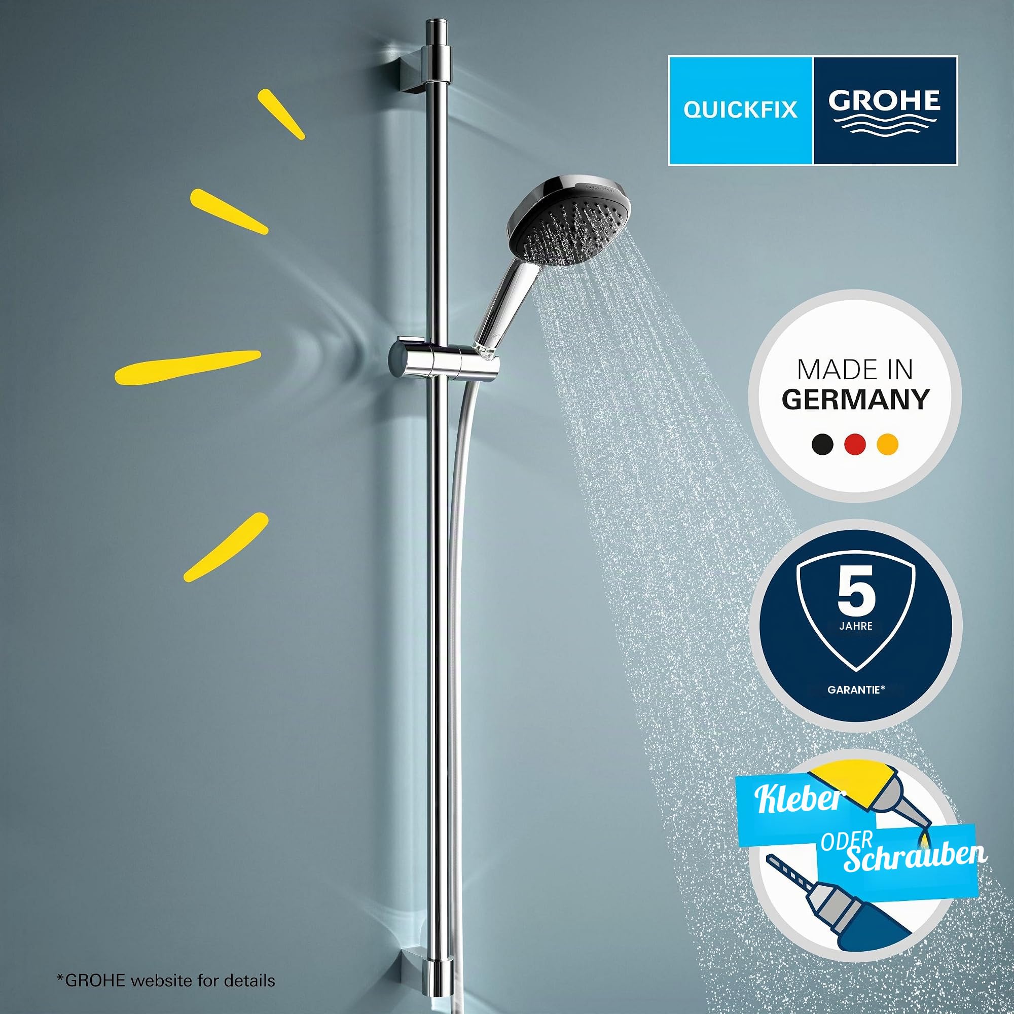 GROHE Vitalio 110, Duschset, 14l pro Min (Duschstangenset mit: Duschkopf 2 Strahlarten, 1,75m Schlauch, Duschstange 90cm, zum Kleben oder Bohren, ohne Kleber), eckig, chrom, 26931001