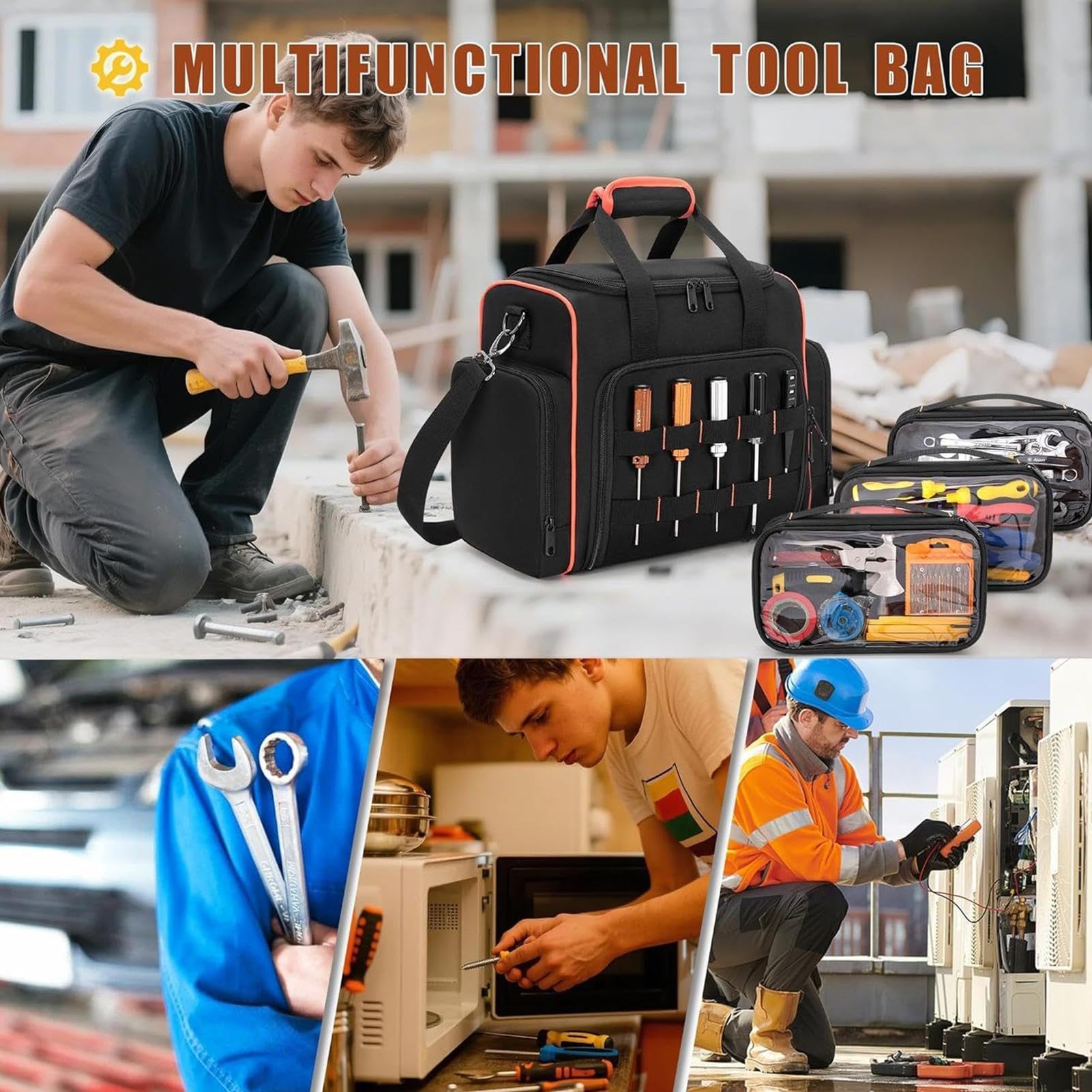 Borsa Portautensili Robusta Portaoggetti Multi-Tasche con Tracolla | Borsa Portautensili per Meccanici per Scalpelli, Cacciaviti, Pinze, Chiavi, Idraulici, Elettricisti, Carpentieri, In