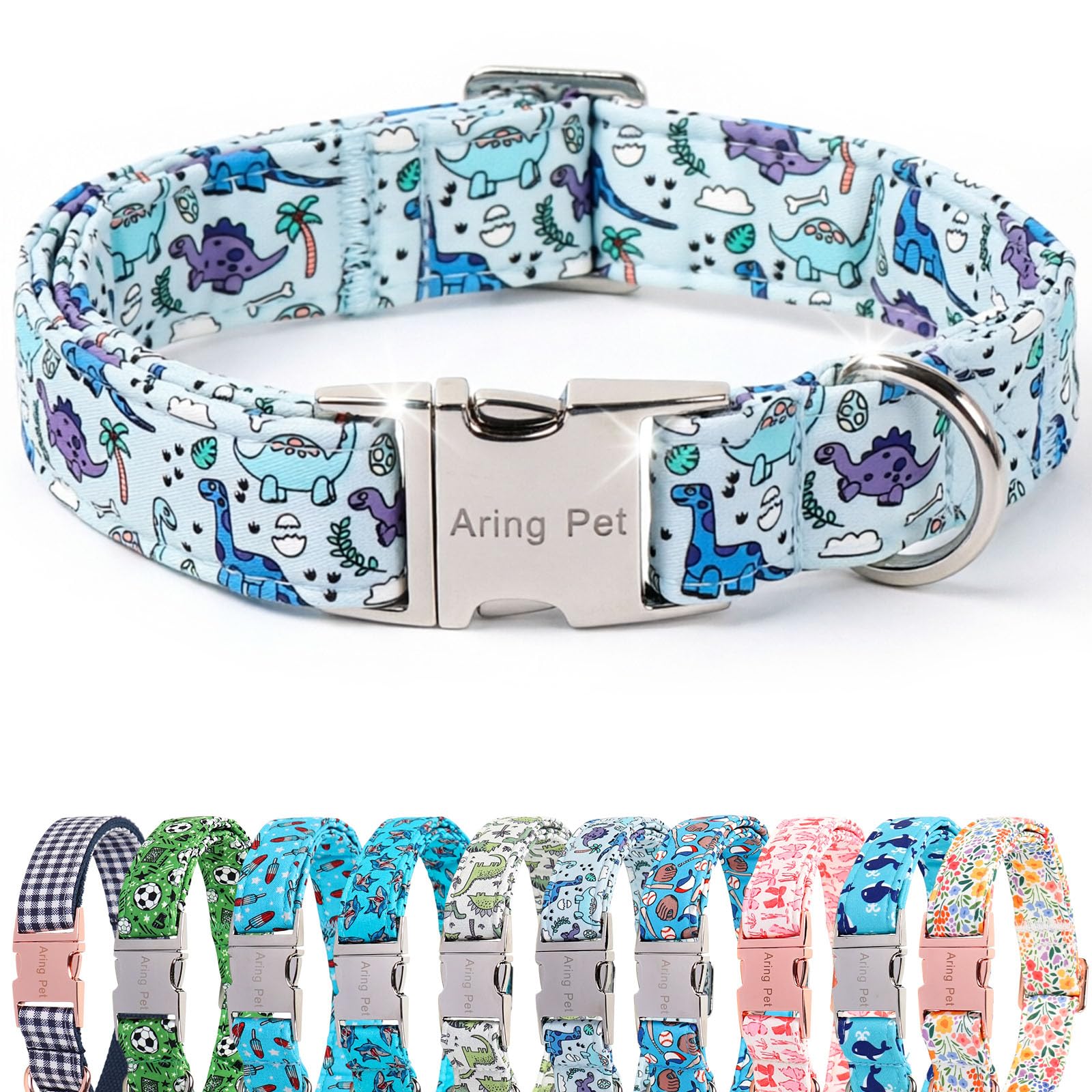 ARING PET Boy Dog Collar for Puppy Small Medium Large Dogs-Blue Dinosaur M