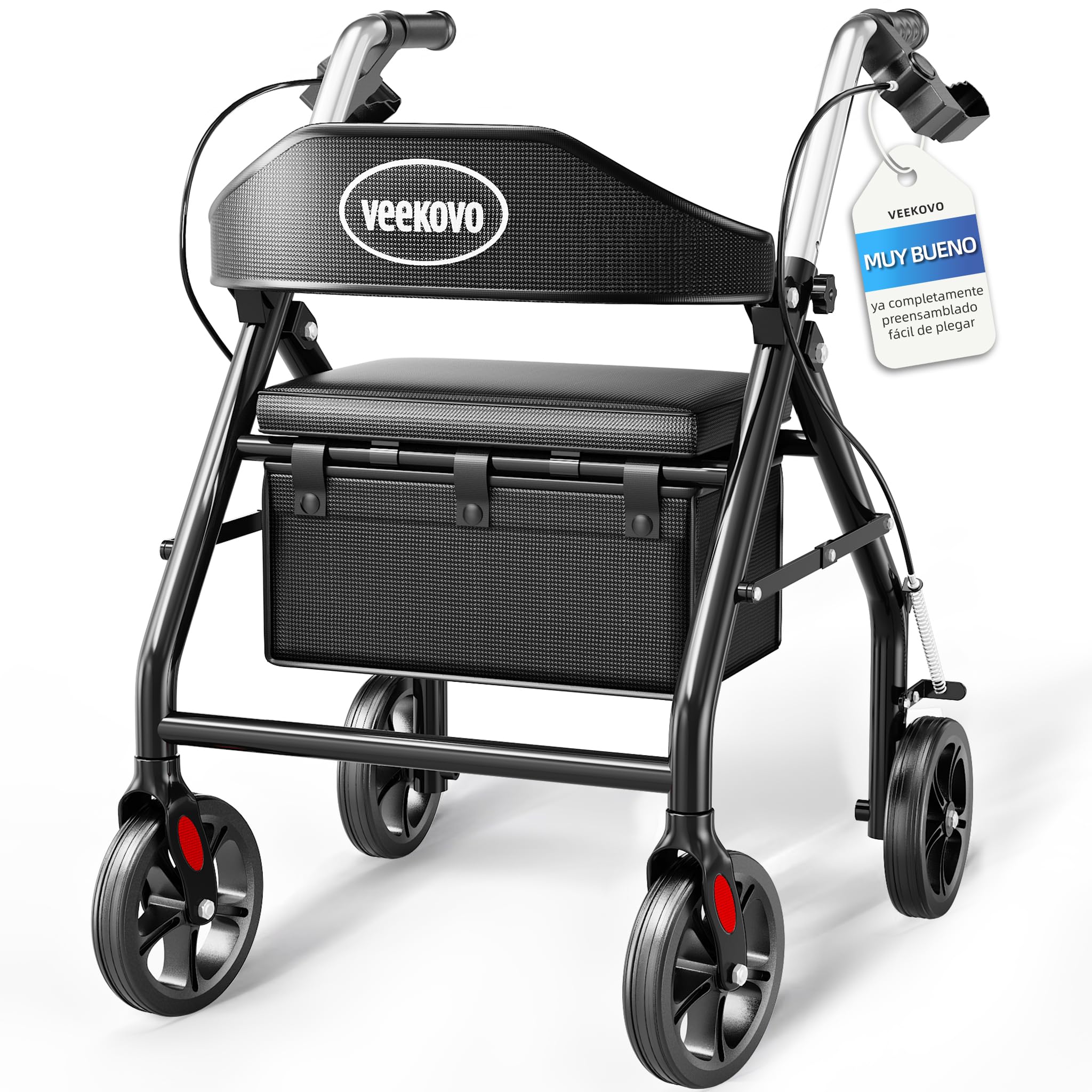 Andador plegable y ligero con asiento, Caminador de ruedas con frenos, Bolso, Ayuda para caminar plegable, Ruedas de goma grandes de 20 cm para todo el terreno. (DW4)