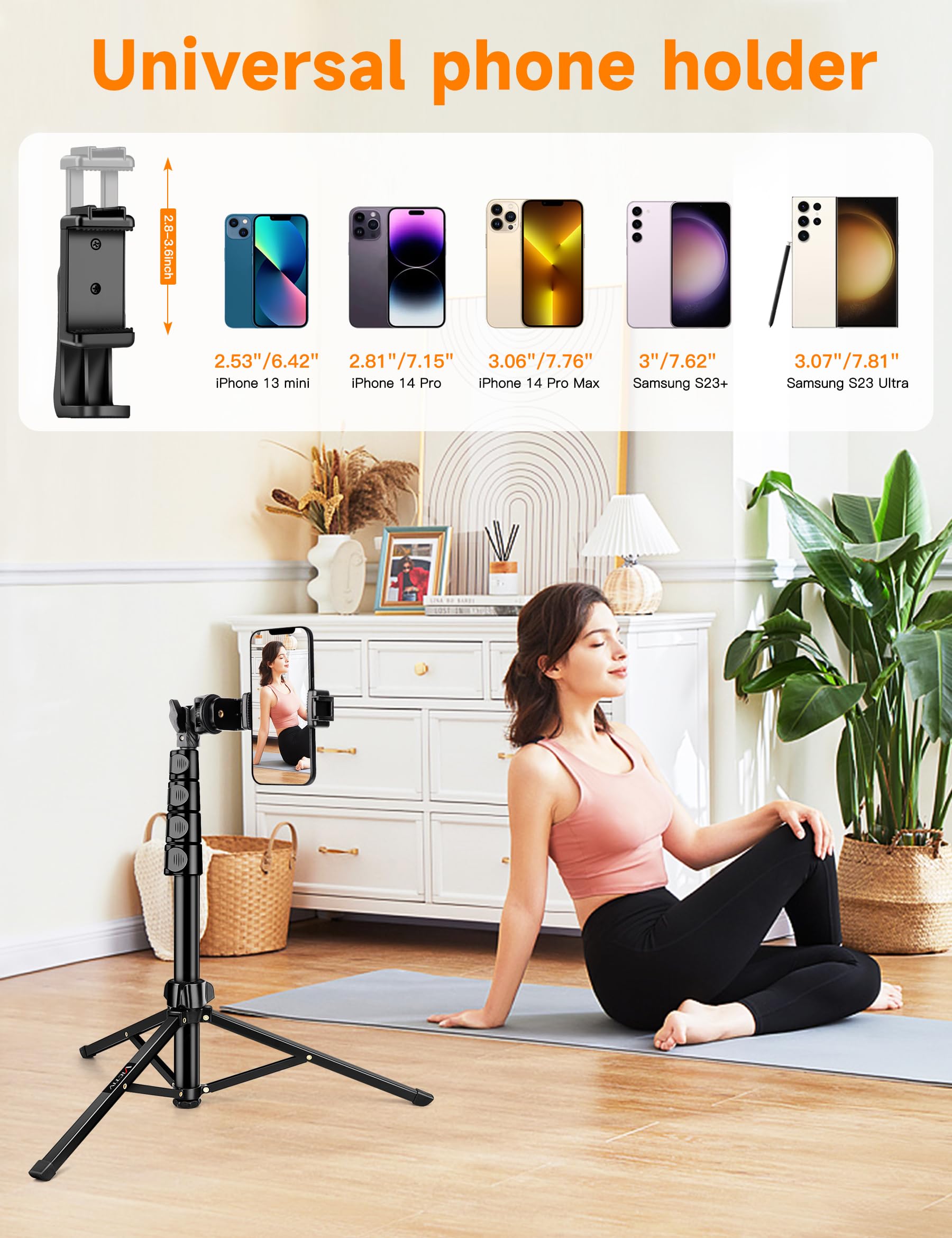 70" Phone Tripod with Remote & Holder, Portable Cell Phone Stand, Selfie Stick for Video Recording, Compatible with iPhone 14/13 Pro Max/Android/Camera: 71 inch Black
