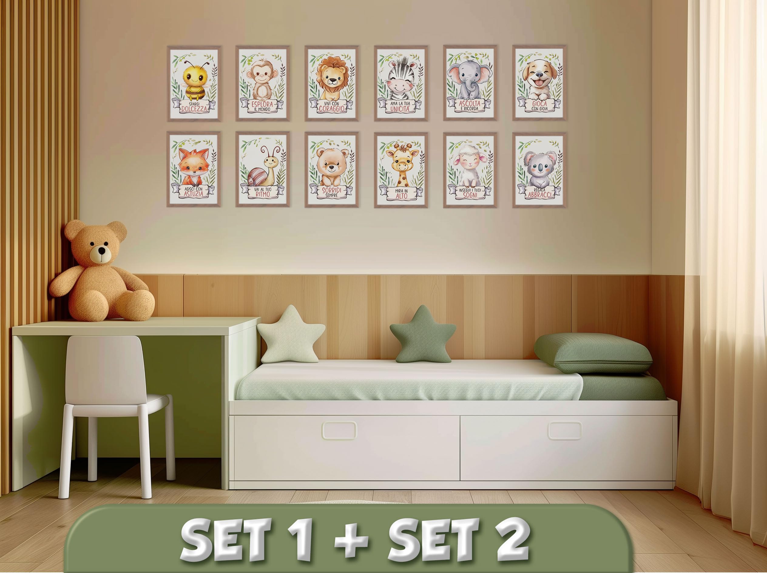 Set 6 poster animali decorativi per la cameretta dei bambini, quadri con simpatici e dolci animali e frasi motivazionali per bambino bambina, decorazioni formato A4. In italiano. Cornici non incluse
