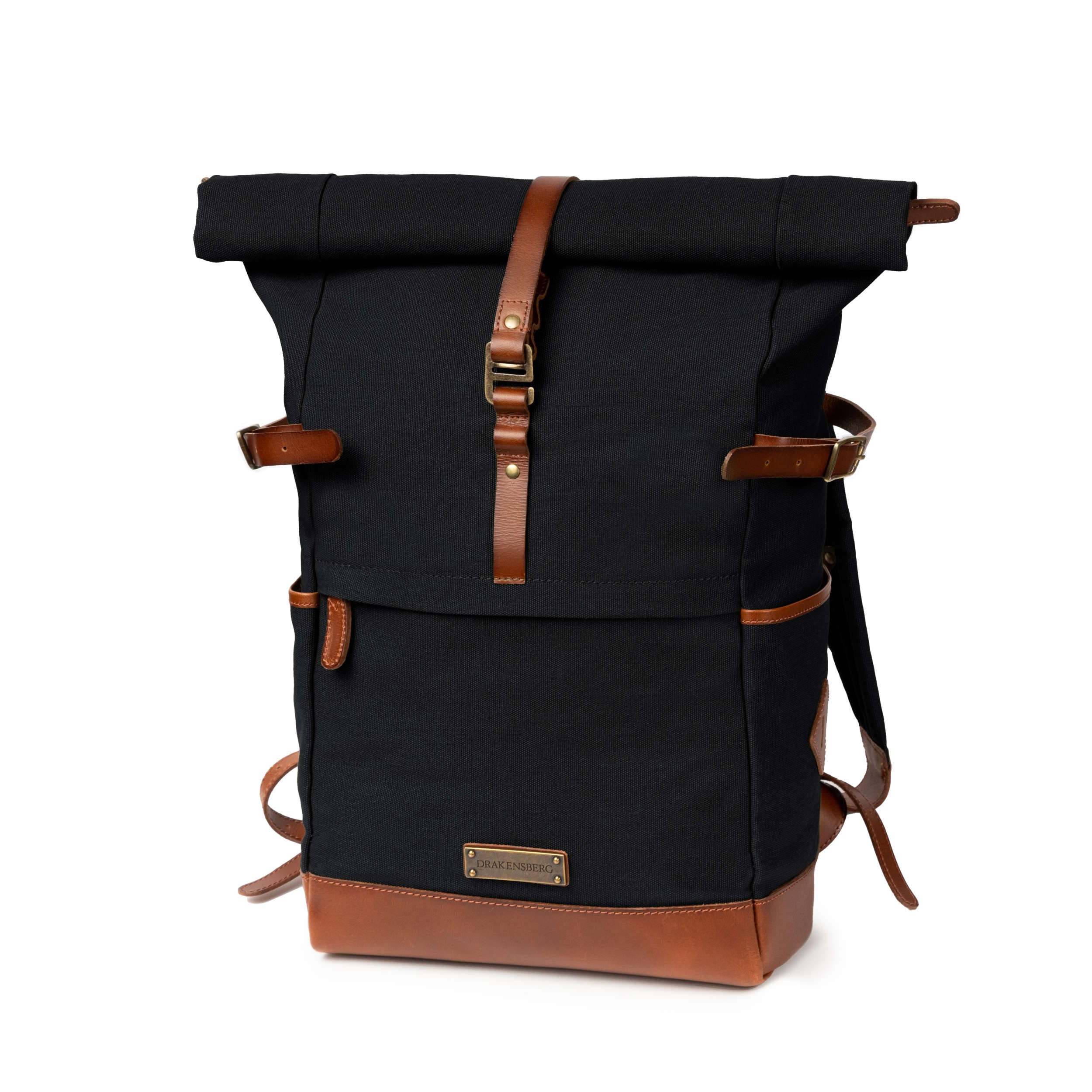 DRAKENSBERG Rolltop-Rucksack 'Wyatt' Herren, Damen, Schwarz | Wasserabweisendes Canvas mit Leder, 16" Laptopfach, 20-30L, DR00186