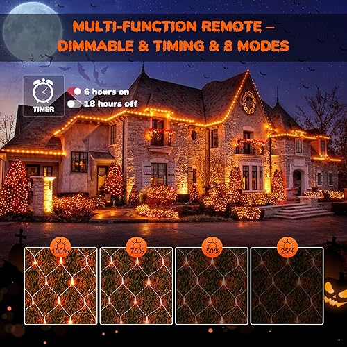 Miniatura 9 de JMEXSUSS Guirnalda de luces LED naranja de Halloween y luces de red para exteriores, cable transparente, 8 modos, impermeable, guirnalda de luces de