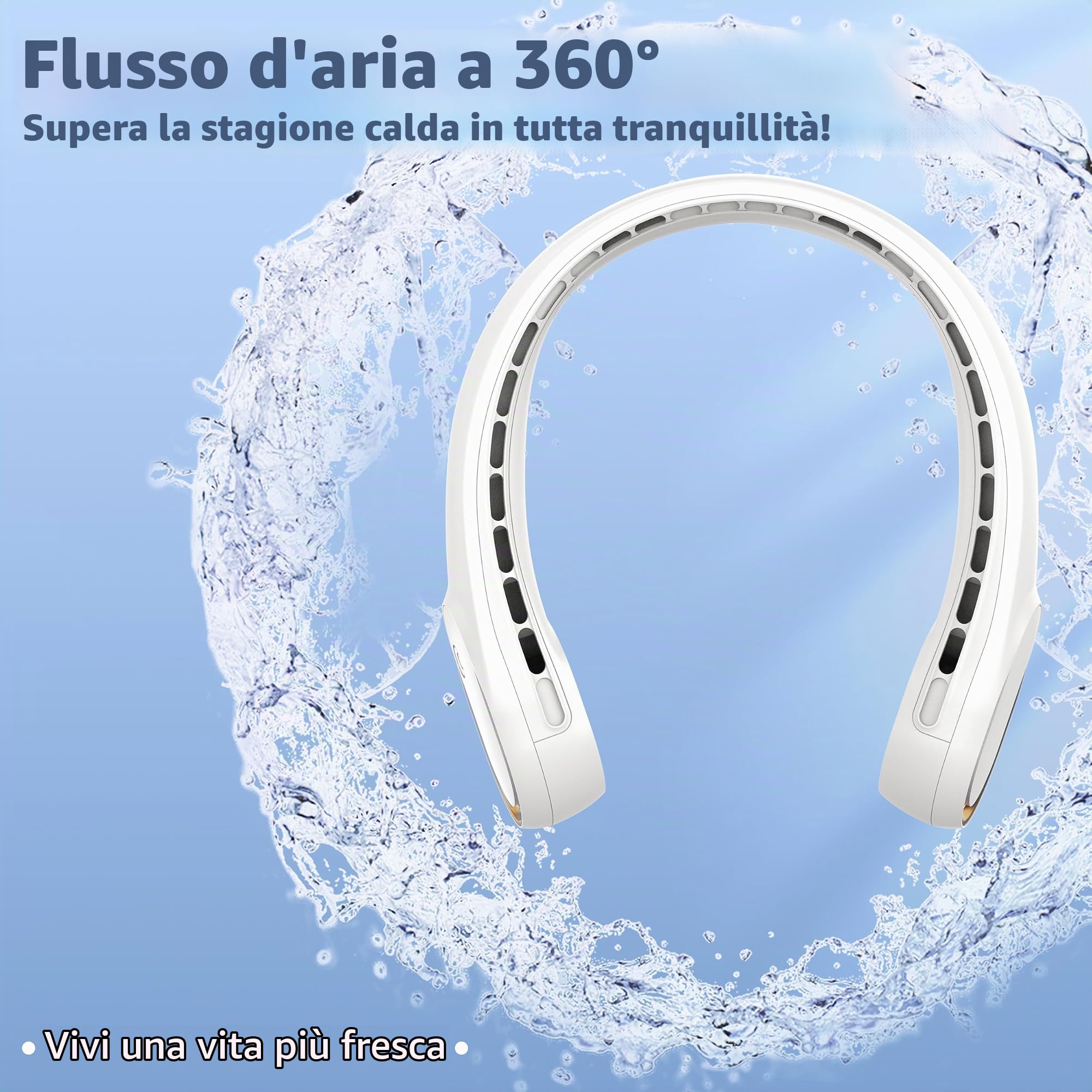 FrSara Ventilatore da collo, ventilatore personale portatile con forte flusso d'aria, 4000 mAh, flusso d'aria, raffreddamento a 360°, senza grovigli, flusso d'aria su entrambi i lati, antiscivolo