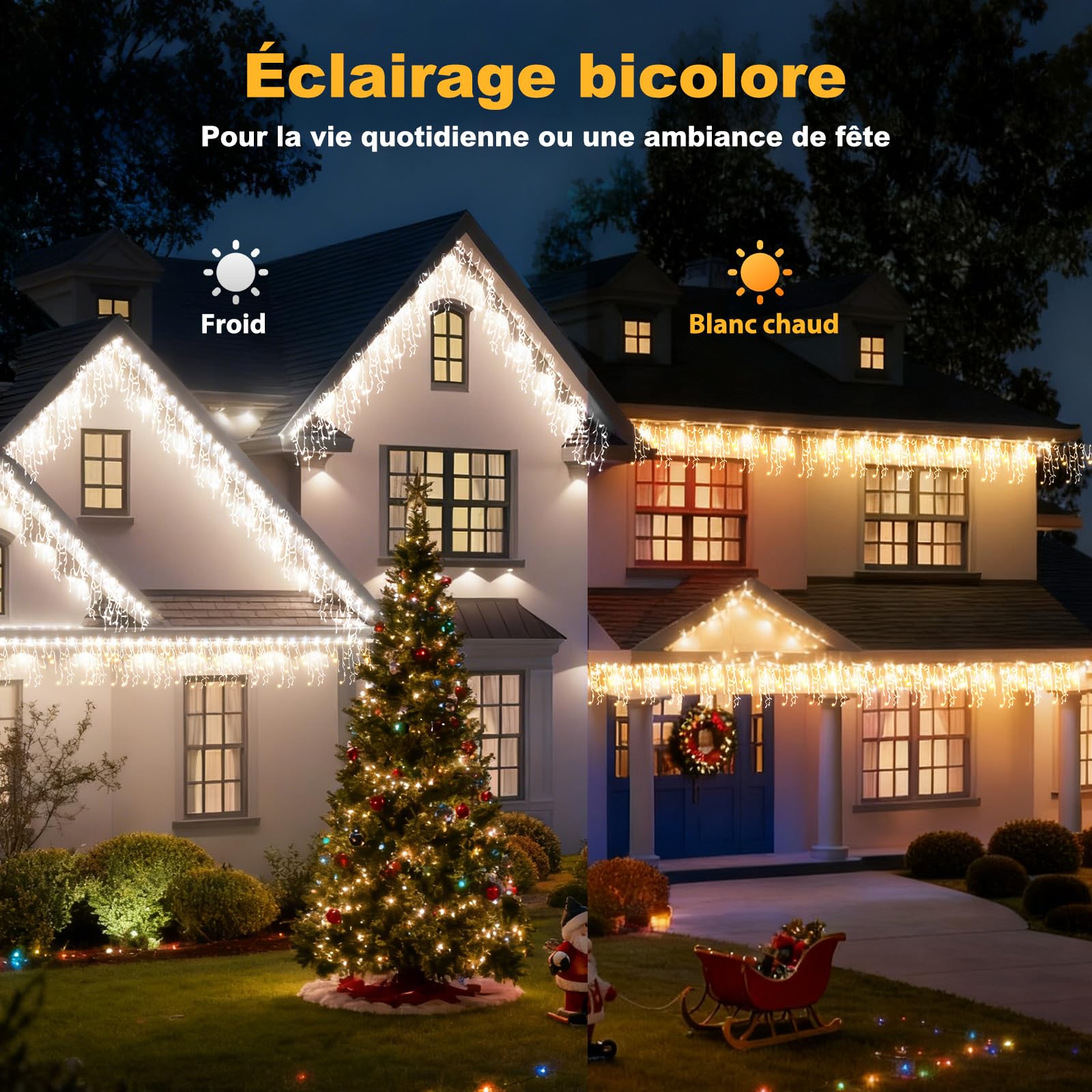 Guirlande Lumineuse Extérieure Noël, Decoration Noel Exterieur Blanc Chaud et Froid, Lumineux Noël Extérieur avec Télécommande et Application, 17 Modes+4 Luminosités+Minuterie (30M-1200L,C/F)