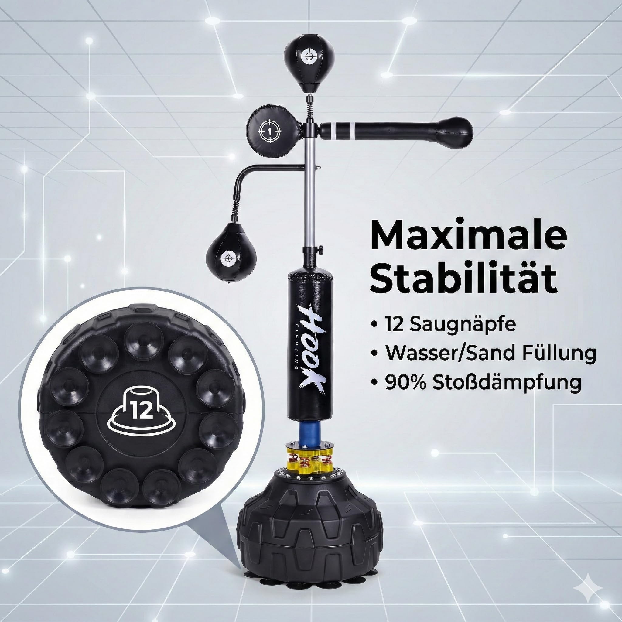 Freistehender Boxsack 3-in-1 mit 360° Reflexstange – Speedball Boxstation – PU Leder & Stahlfedern – Höhenverstellbar 160-210 cm – Für Boxen MMA & Ausdauertraining Zuhause