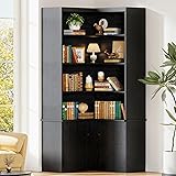 IRONCK Corner Bookshelf with Doors, 6 Tier Bookcase with Storage, Corner Shelf with Cabinet, Large Tall Bookshelf for Living Room, Home Office, Bedroom,Black