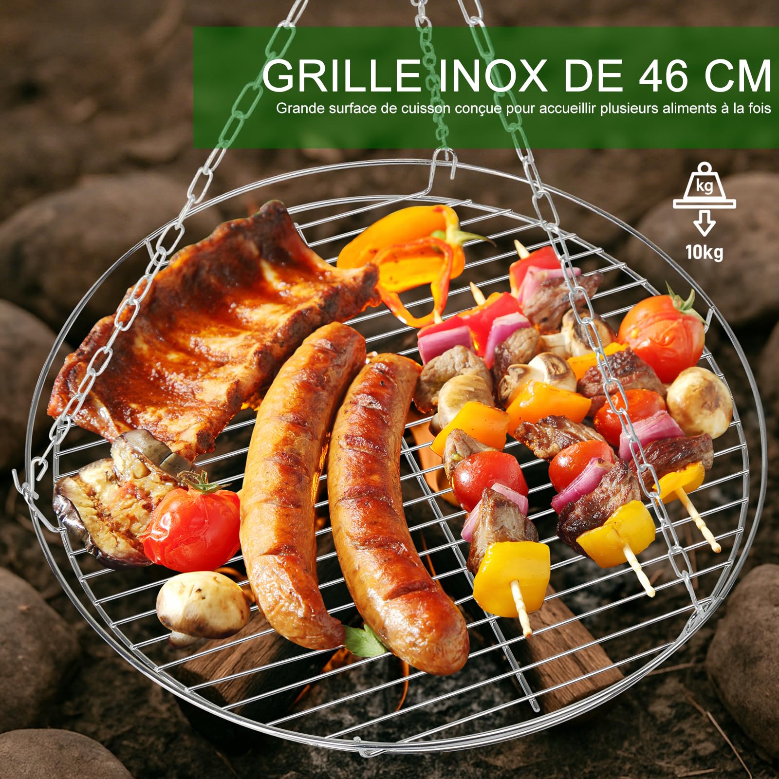 Barbecue Suspendu - Barbecue pivotant avec foyer(Diamètre 50cm) - Structure de type trépied(robuste et stable) - Réglable en hauteur - Noir
