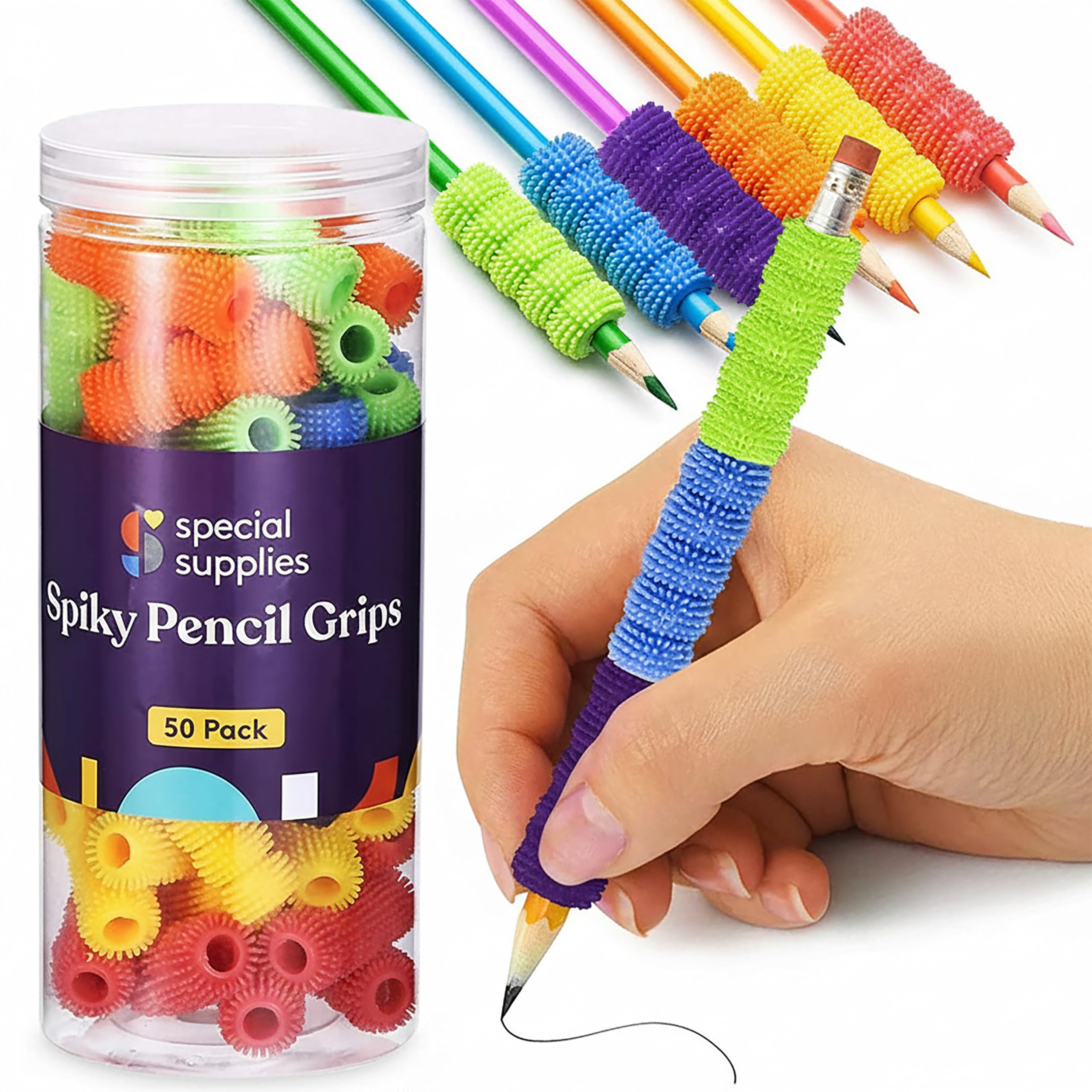 Spiky Pencil Grips for Kids and Adults Colorful Holders for Handwriting, Drawing, Coloring - Ergonomic Right or Left-Handed Use - Reusable (50-Pack)