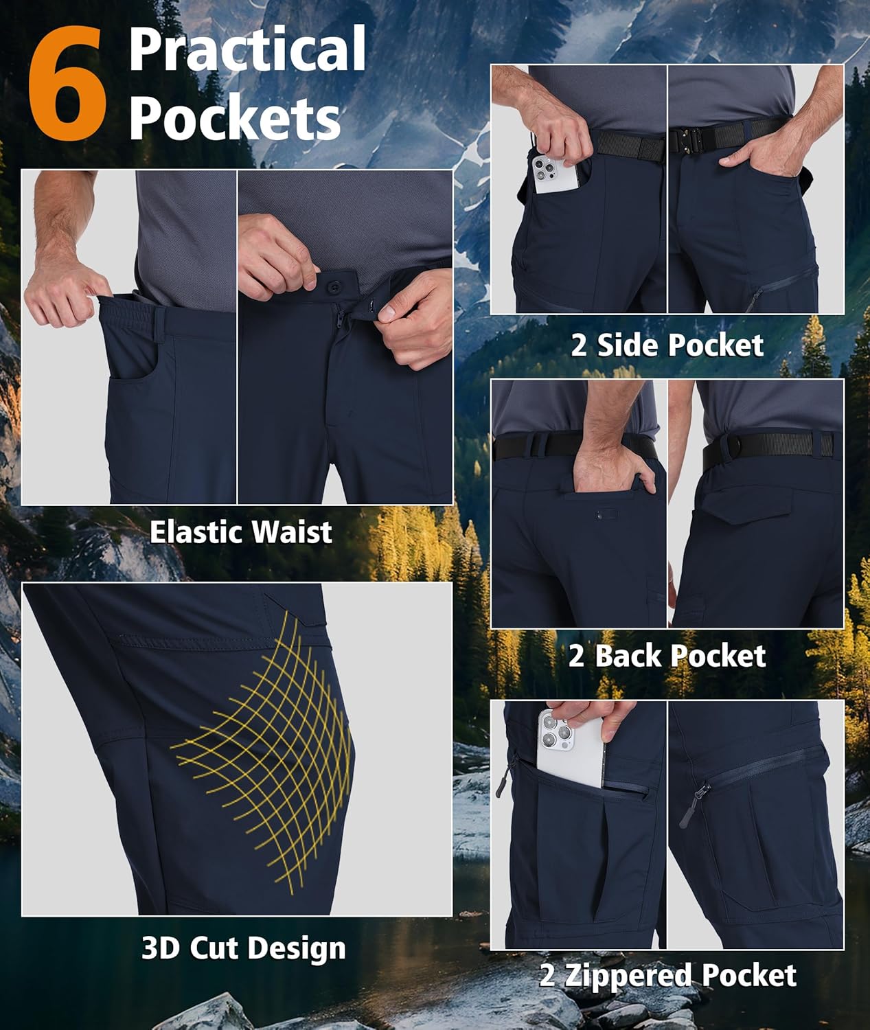 Mens Hiking Pants Lightweight Nylon Stretch Cargo Work Pants for Men Waterproof with Pockets - Image 5
