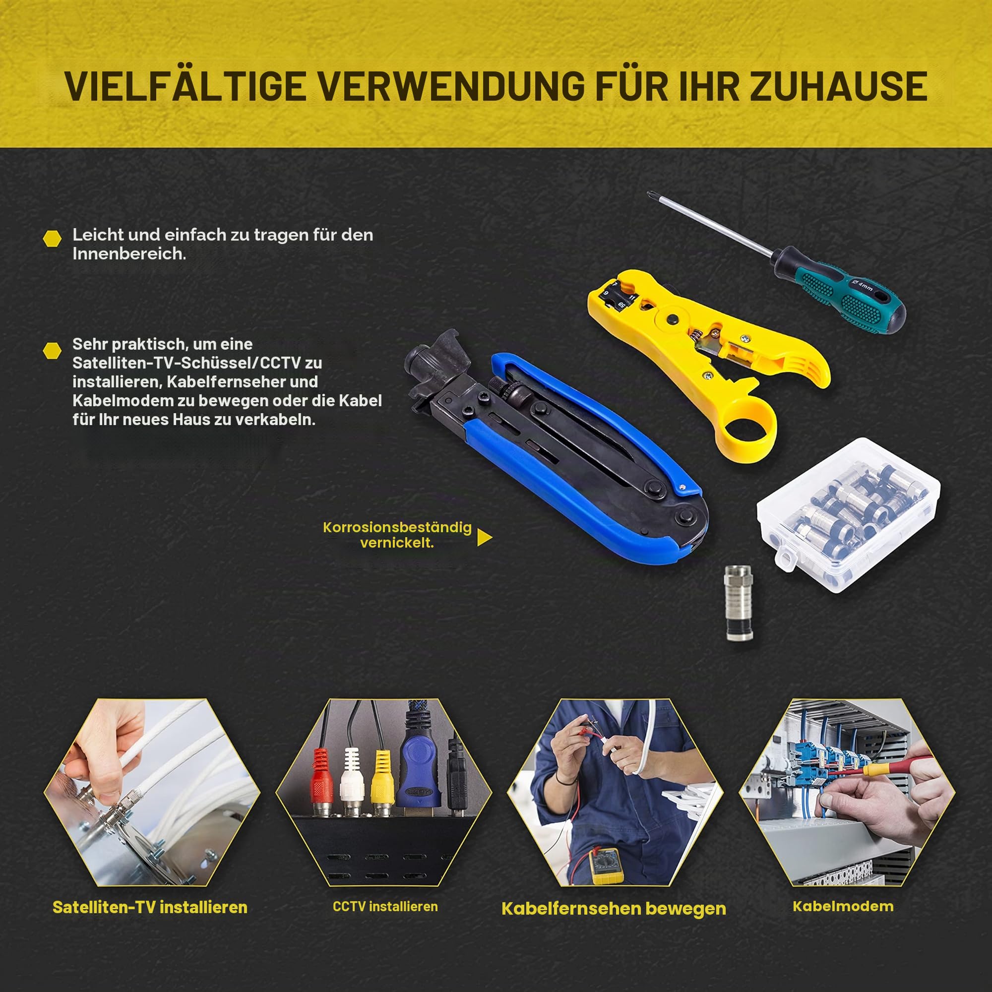KOTTO Abisolierwerkzeug für Koaxialkabel Set Kompressionszange Abisolierzange, verstellbar RG6,RG59,RG11,75-5,75-7, mit 20 F-Kompressionssteckern, Kreuzschlitzschraubendreher, Lagerungstasche