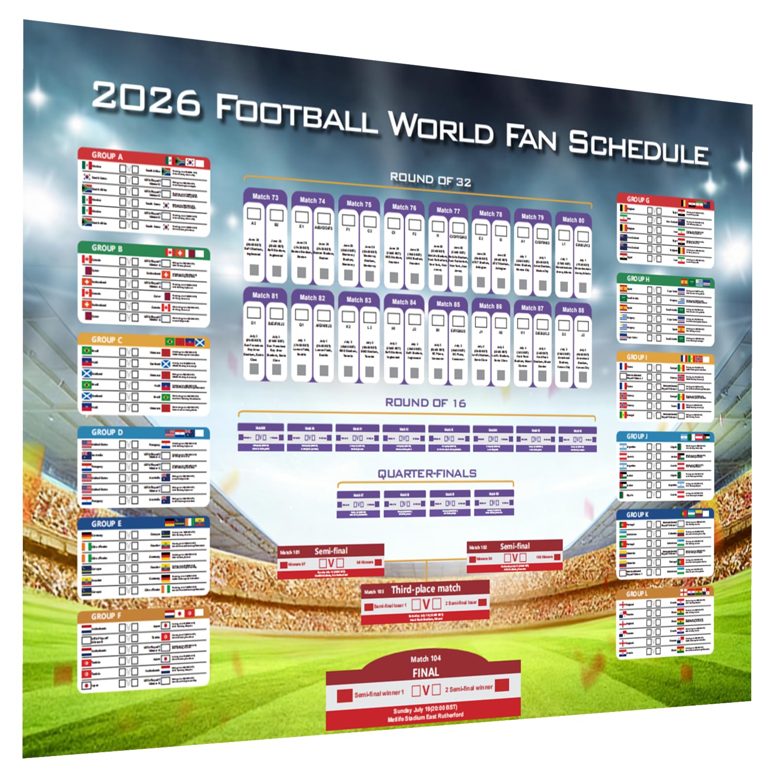 Large 84x60cm 2026 World Cup Football Schedule Poster, Laminated Wall Chart w...