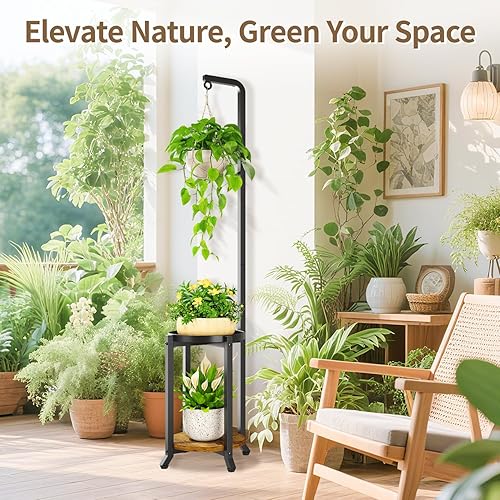 Miniatura 7 de LASZOLA Soporte para plantas negro de 2 niveles de 61.5 pulgadas de alto para interiores con anillo colgante, estante de esquina vertical grande