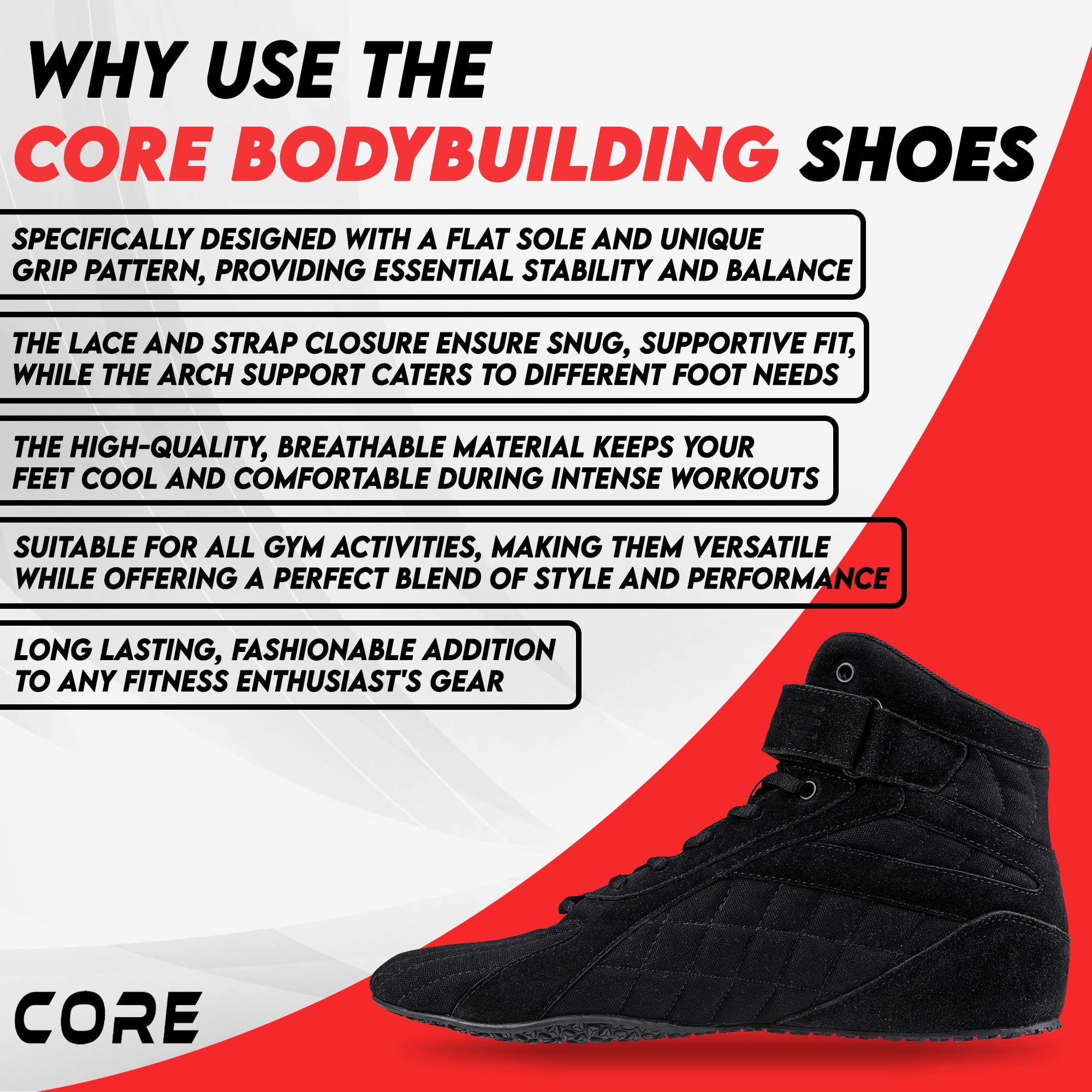 Core Zapatillas de Culturismo - Zapatillas de Halterofilia para Sentadillas, Levantamiento de Potencia, Peso Muerto y Entrenamiento en el Gimnasio - para Hombres y Mujeres - con Suela Plana