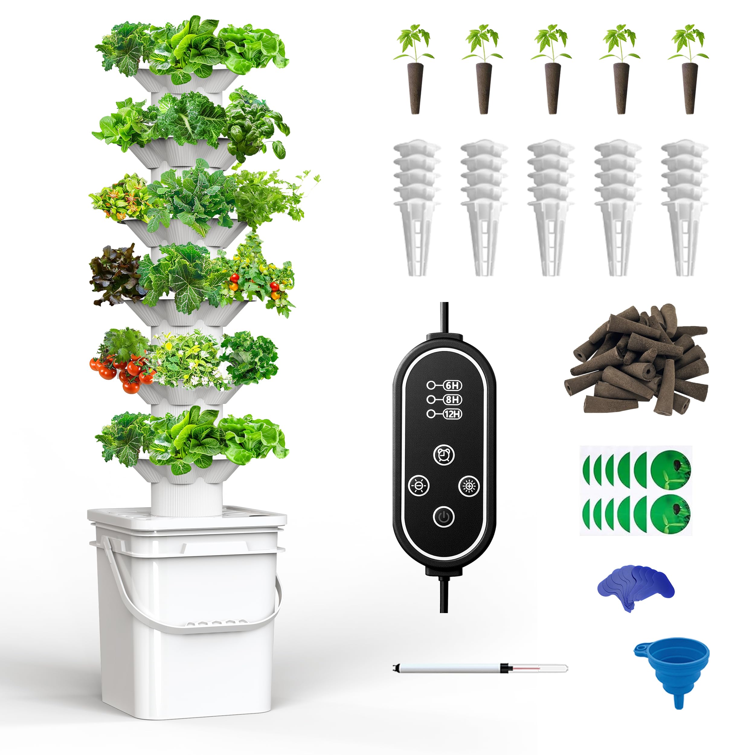 Vertical Hydroponics Growing System Kit, Indoor Outdoor Gardening System Kits, Herb & Fruits Growing Hydroponic Tower, 6 Layers (36 Pods)
