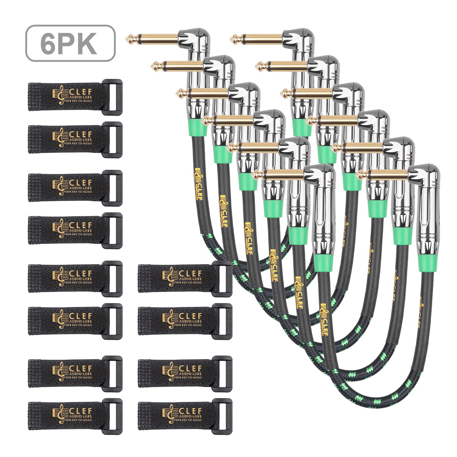 Clef Audio LabsGuitar Patch Cable, 6 inch - 1/4 inch TS Right Angled Guitar Pedal Effects Instrument Cord, 22AWG, Chrome Zinc Alloy Shell, Green Braided Jacket - 6-Pack
