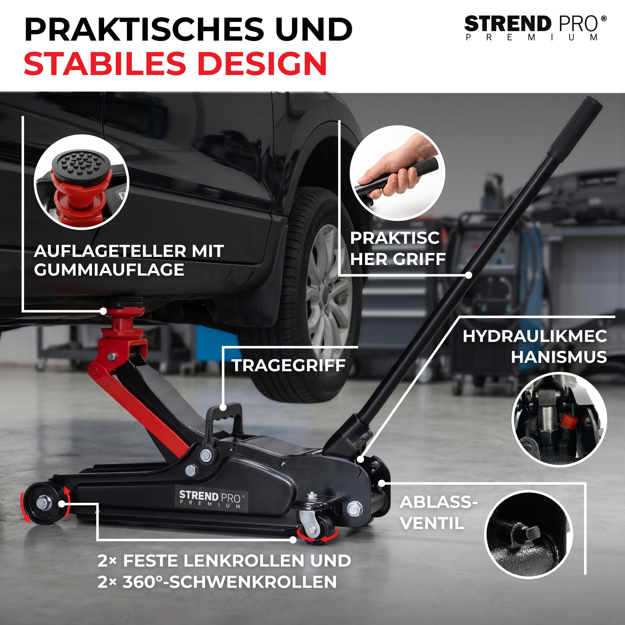 STREND PRO Premium Rangierwagenheber 2,5 t, hydraulischer Wagenheber flach, 80-360 mm Hubhöhe, fahrbar, mit Gummiadapter, niedrige Bauform für PKW