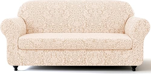 Miniatura 17 de SUBRTEX 2 piezas de fundas para sofá, funda de sofá de 3 plazas de damasco jacquard con cojín de asiento, fundas elásticas para sofá antideslizantes