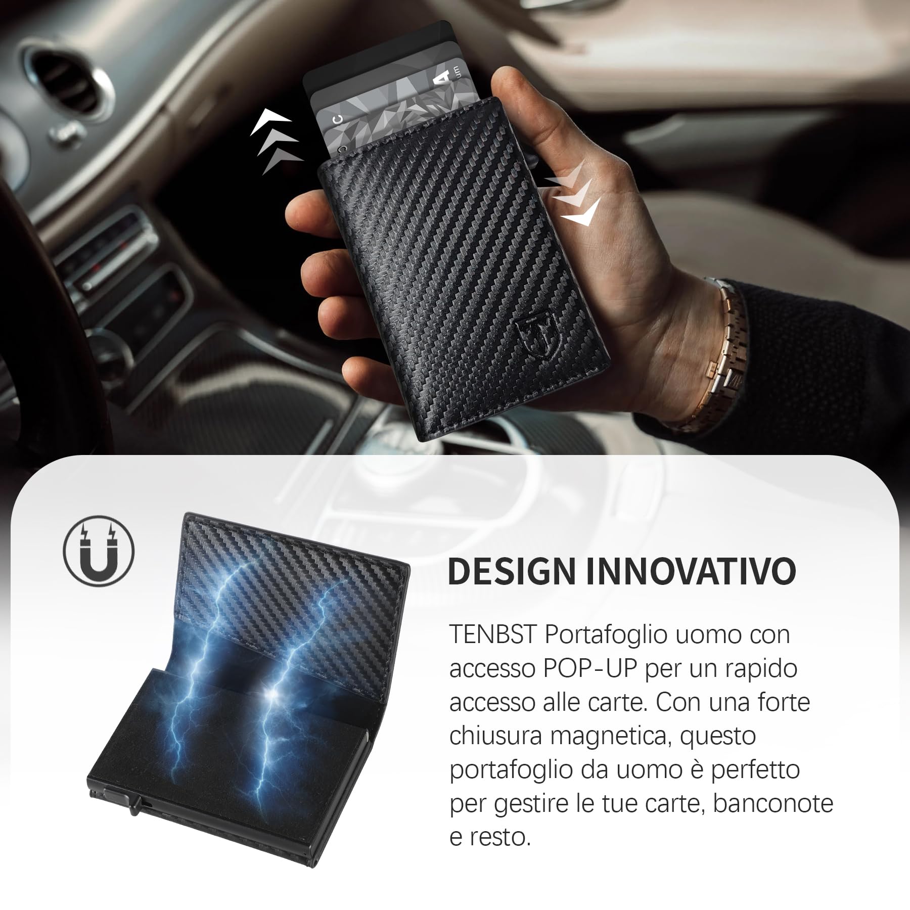 TENBST Portafoglio Uomo, Slim Porta Carte di Credito Uomo con RFID Anticlonazione, Portacarte Uomo Piccolo Magnetico, Porta Tessere con Portamonete e Contanti, Idea Regalo Uomo (Carbon Nero)