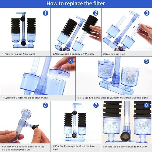Miniatura 6 de UPETTOOLS Filtro de esponja bioquímica para acuario (15-55 galones), bomba de aire ultra silenciosa, doble cabeza, espuma biológica y medios de